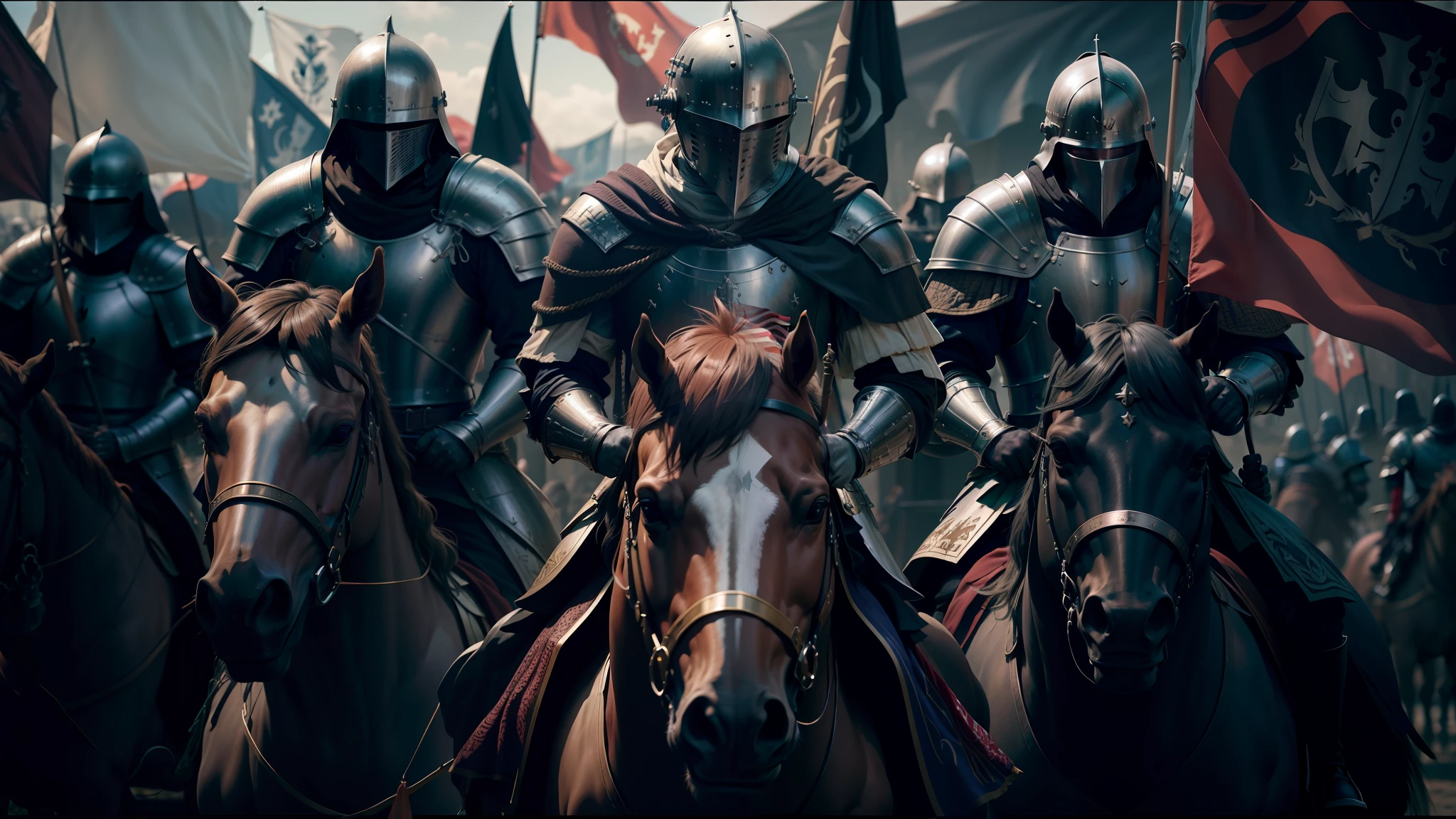 several men in armor riding horses with flags and flags, 8 k cinematic photography, shot on anamorphic lenses, unsplash 4k, holy crusader medieval, featured on vimeo, by Daryush Shokof, photomanipulation, pestilence, movie screen shot, dressed in a [ [ 1 2 th century, by Svend Rasmussen Svendsen