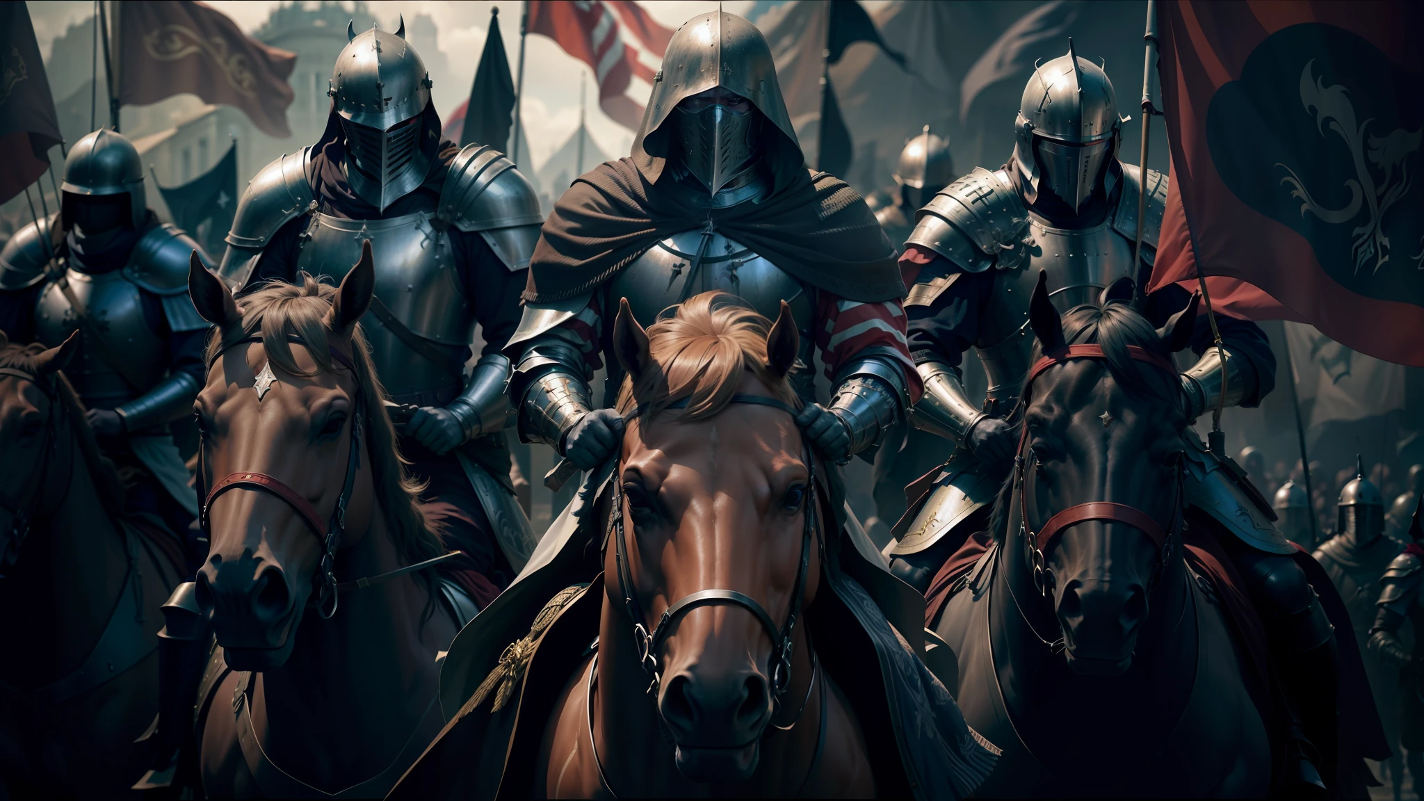 several men in armor riding horses with flags and flags, 8 k cinematic photography, shot on anamorphic lenses, unsplash 4k, holy crusader medieval, featured on vimeo, by Daryush Shokof, photomanipulation, pestilence, movie screen shot, dressed in a [ [ 1 2 th century, by Svend Rasmussen Svendsen