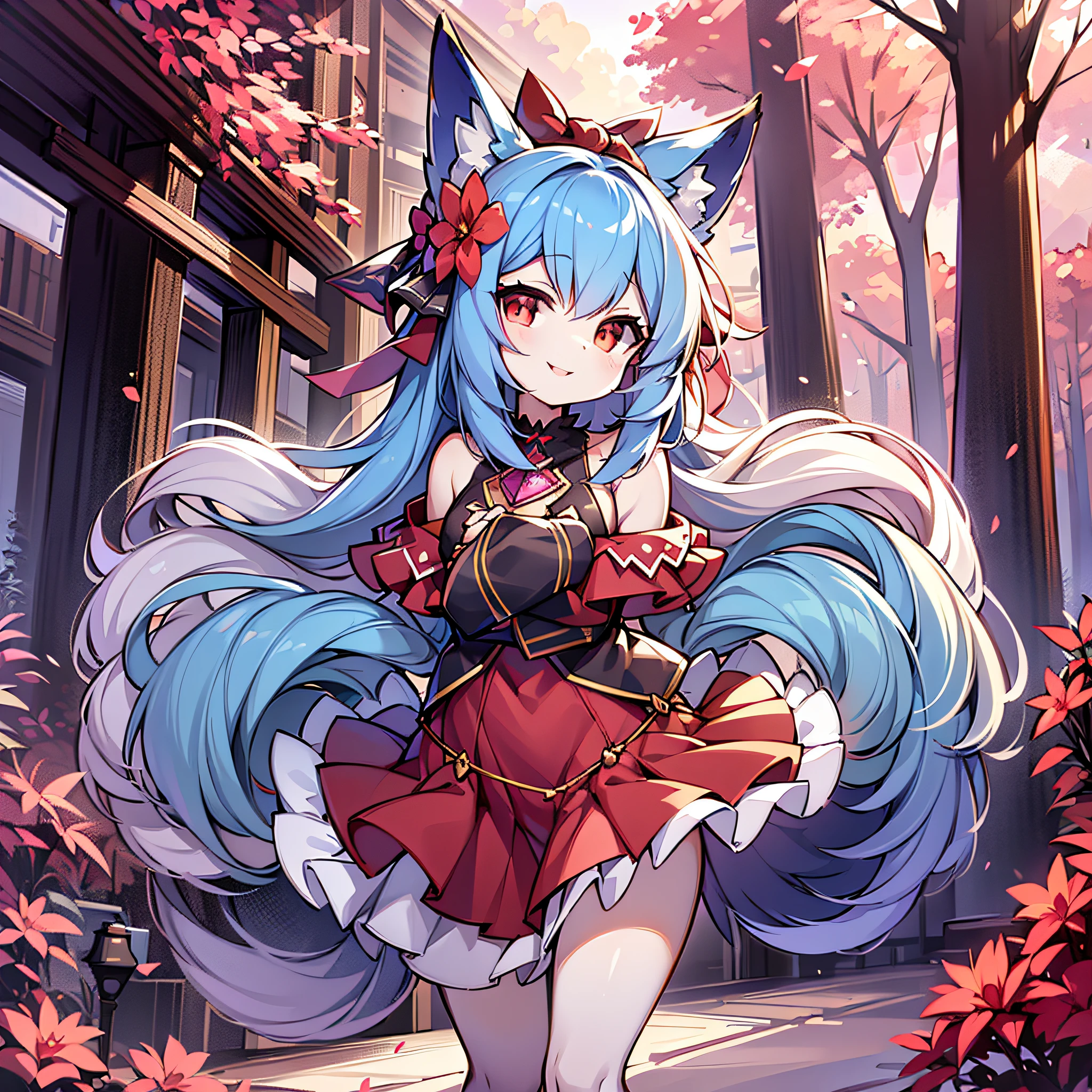 fluffy girl, furry girl, woman, smile, smile, best quality, outdoors, high resolution, cute,blue hair, red eyes, fox ears, sunset, hair flowers,:o, fluffy girl, furry girl, woman, smile, smile, stretched arms towards viewer, one girl, best quality, outdoors, high definition, cute, 1girl, pv, Full body furry, super cute face, fur red elements, chest, beautiful light and shadow, ambient light, super detailed fur, volumetric light