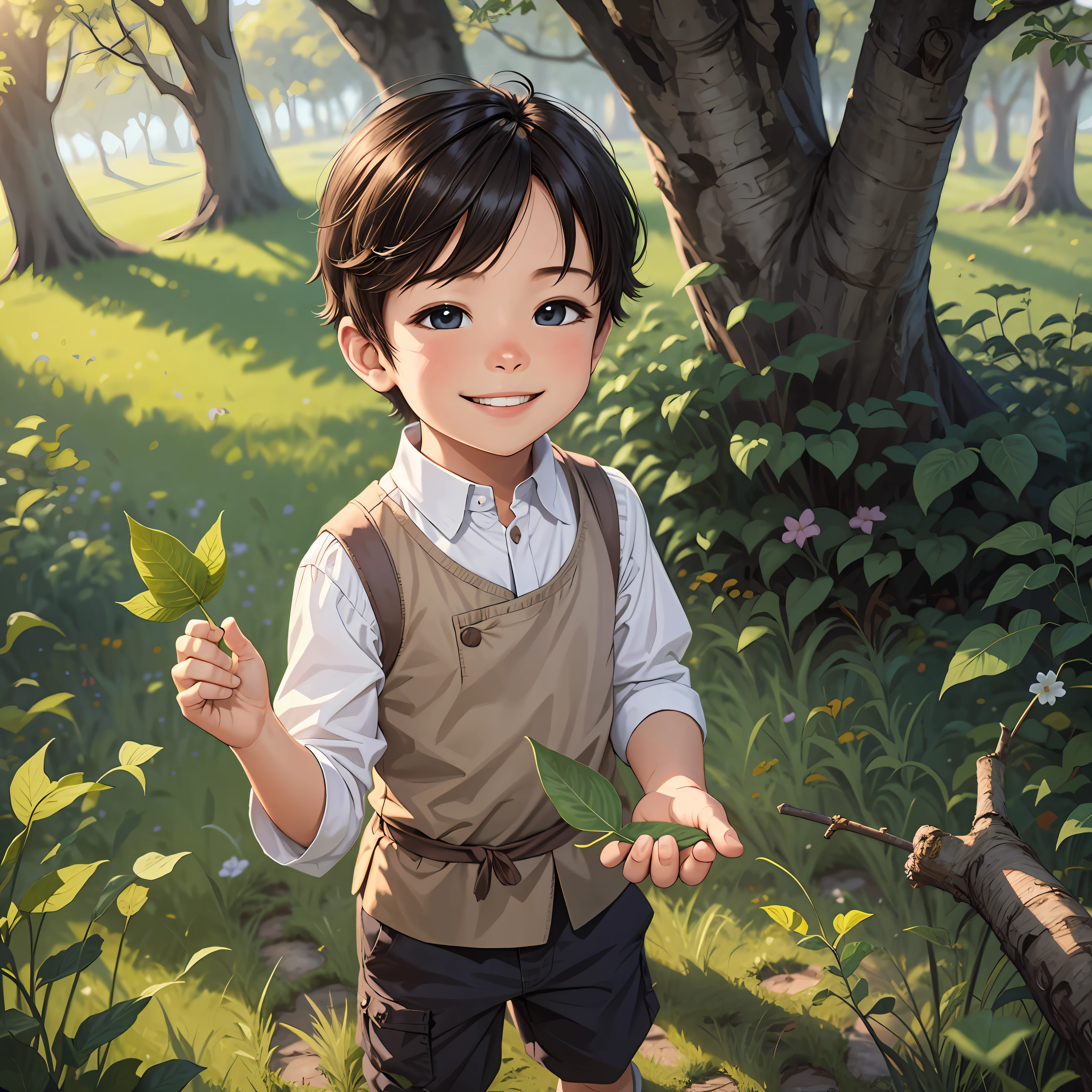 Cute little boy, happy smile, hand holding a leaf on chest, grass behind back, tourism illustration --auto --s2