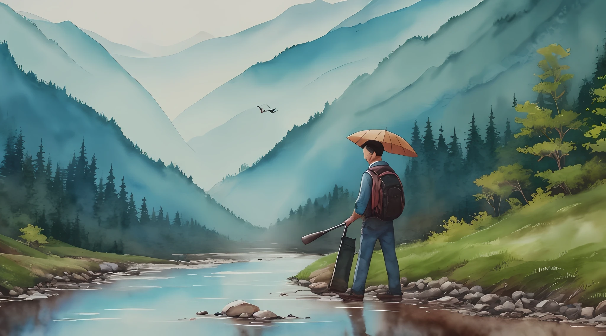 Birds flying over mountain streams in fog, watercolor landscape, landscape illustration, watercolor digital painting, landscape artwork, mountains and rivers and trees, painting landscape, abstract natural landscape, chinese watercolor style, digital watercolor painting, watercolor painting style, nature painting, art landscape, forest landscape, digital watercolor, dream landscape ,low saturation --auto --s2