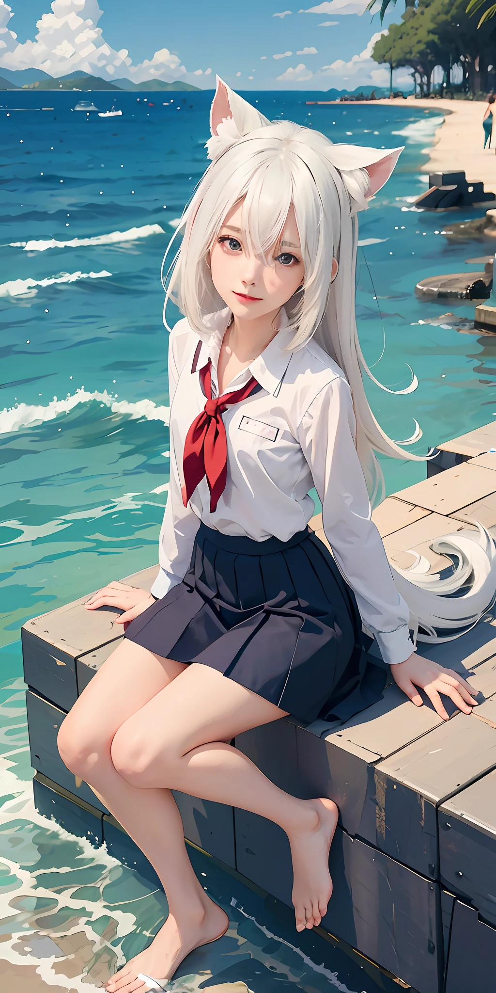 girl sitting on a dock with her legs crossed, kantai collection style, perfect white haired girl