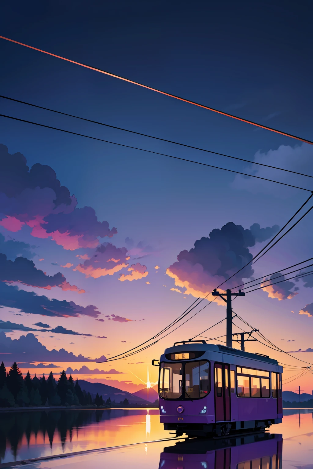 a tram running on a lake, sky, reflection, dynamic breathtaking clouds, power lines, digital illustration, magnificent, purple color palette, low angle shot, art