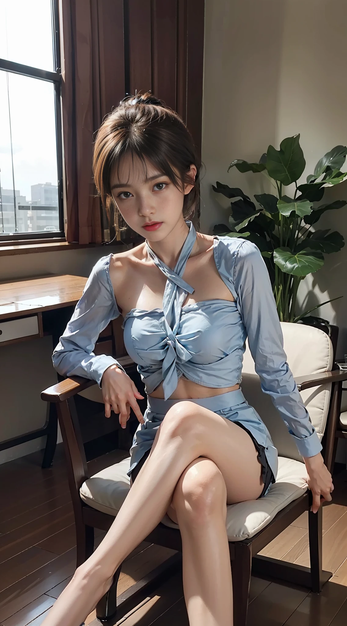 ((Top Quality, 8k, Masterpiece: 1.3)), Sharp Focus: 1.2, Beautiful woman with perfect figure: 1.4, Slender Abs: 1.2,Best quality, full body portrait, delicate face, pretty face, 25 year old woman, slim figure, small bust, transparent, office clothes, black stockings, outdoor scene, sitting position,(high_heels)