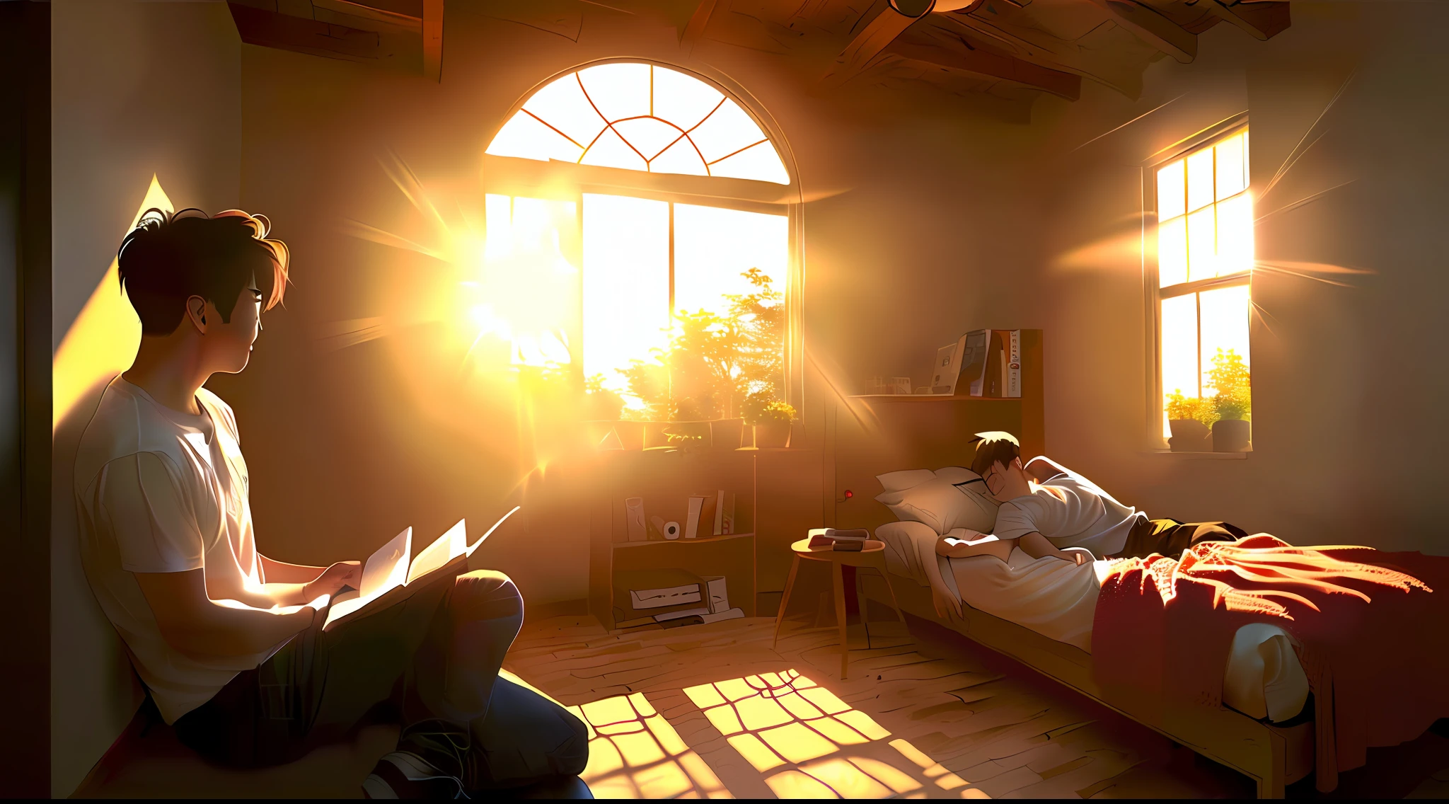 South Korean young man studying in his room facing the window with rays of the sun entering his room consecrated anime art with many details in 8k