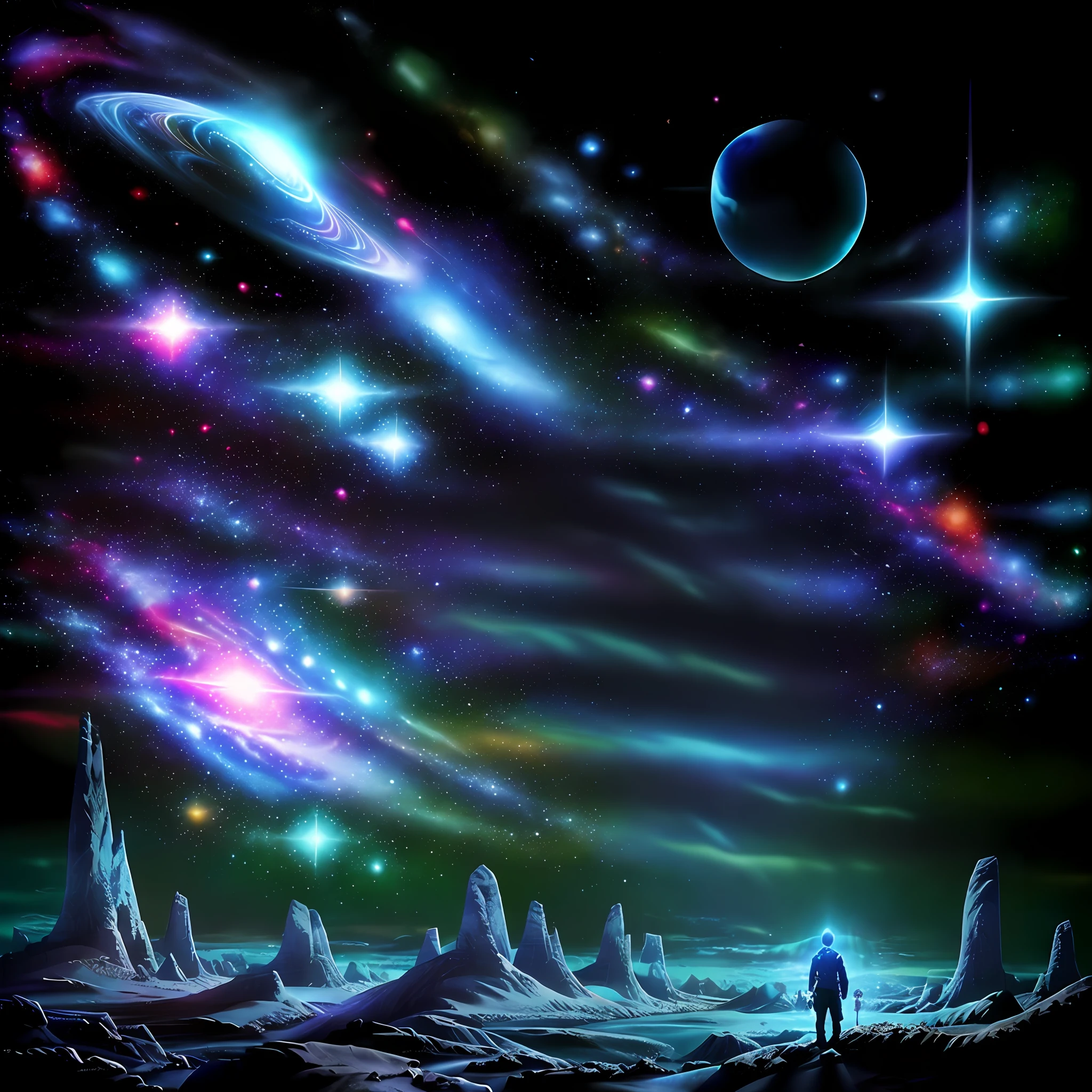 in the style of 0mib. handsome cosmic man god, dramatic, surreal, stars, galaxy, nebula, color scheme blue purple black, digital painting, overdetailed, best quality, soft lighting,