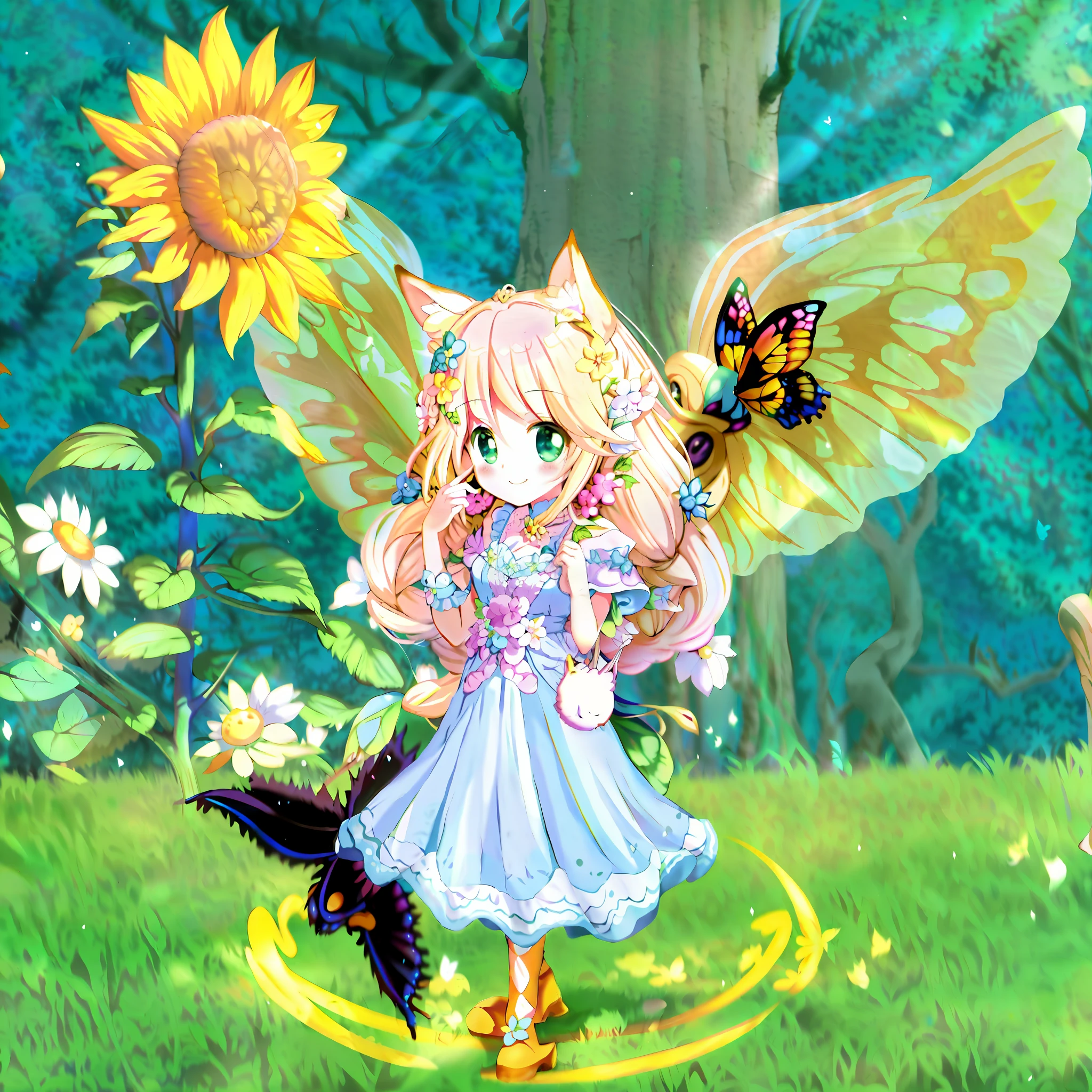 anime girl with a cat and a butterfly in a field, fey queen of the summer forest, style of maple story, astral fairy, smiling as a queen of fairies, ethereal flowerpunk, angelic purity, with bloom ethereal effects, chibi, fairy magnificent, forest fairy, queen of the fairies, fantasy outfit, faerie, wiggly ethereal being, aesthetic cute with flutter