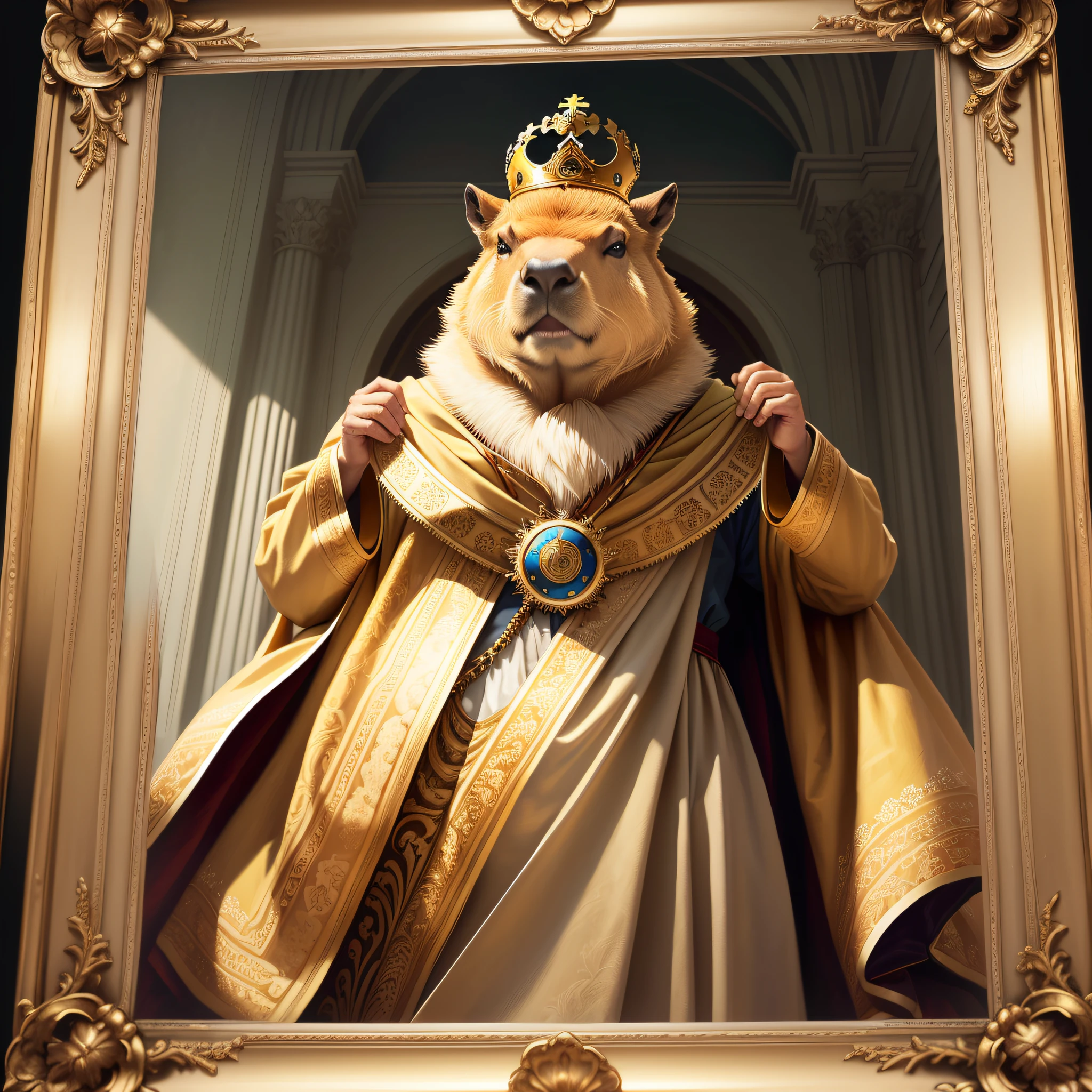 an oil portrait frame of a capybara with a crown on his head, wearing a majestic clothes and a classic simple background