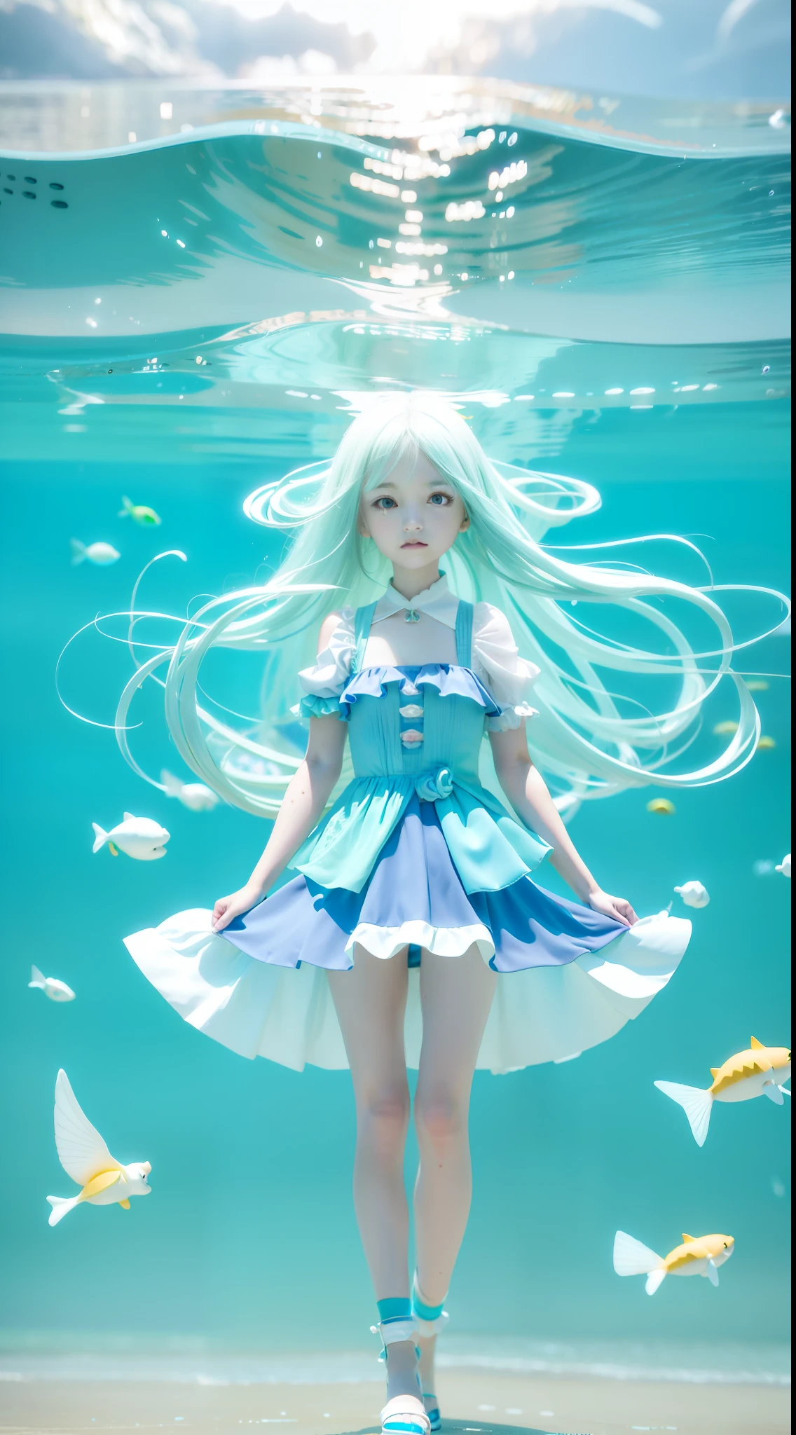anime girl in a dress and shoes standing in the water, wallpaper anime blue water, anime girl walking on water, anime styled 3d, anime styled digital art, stylized anime, 3d anime girl, realistic anime 3 d style, , anime 3 d art, digital anime art, render of a cute 3d anime girl, digital art on pixiv