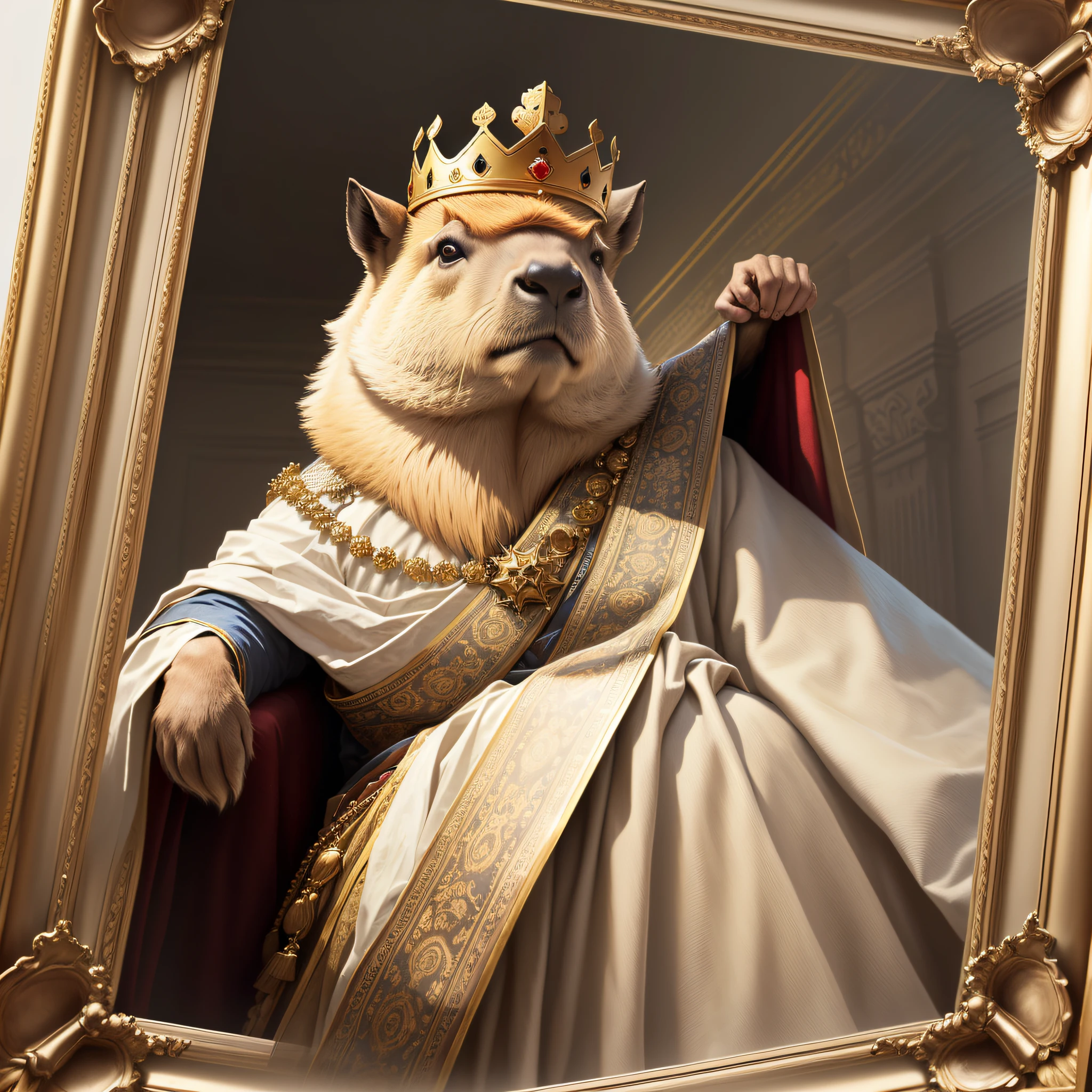 an oil portrait frame of a capybara with a crown on his head, wearing a majestic clothes and a classic simple background
