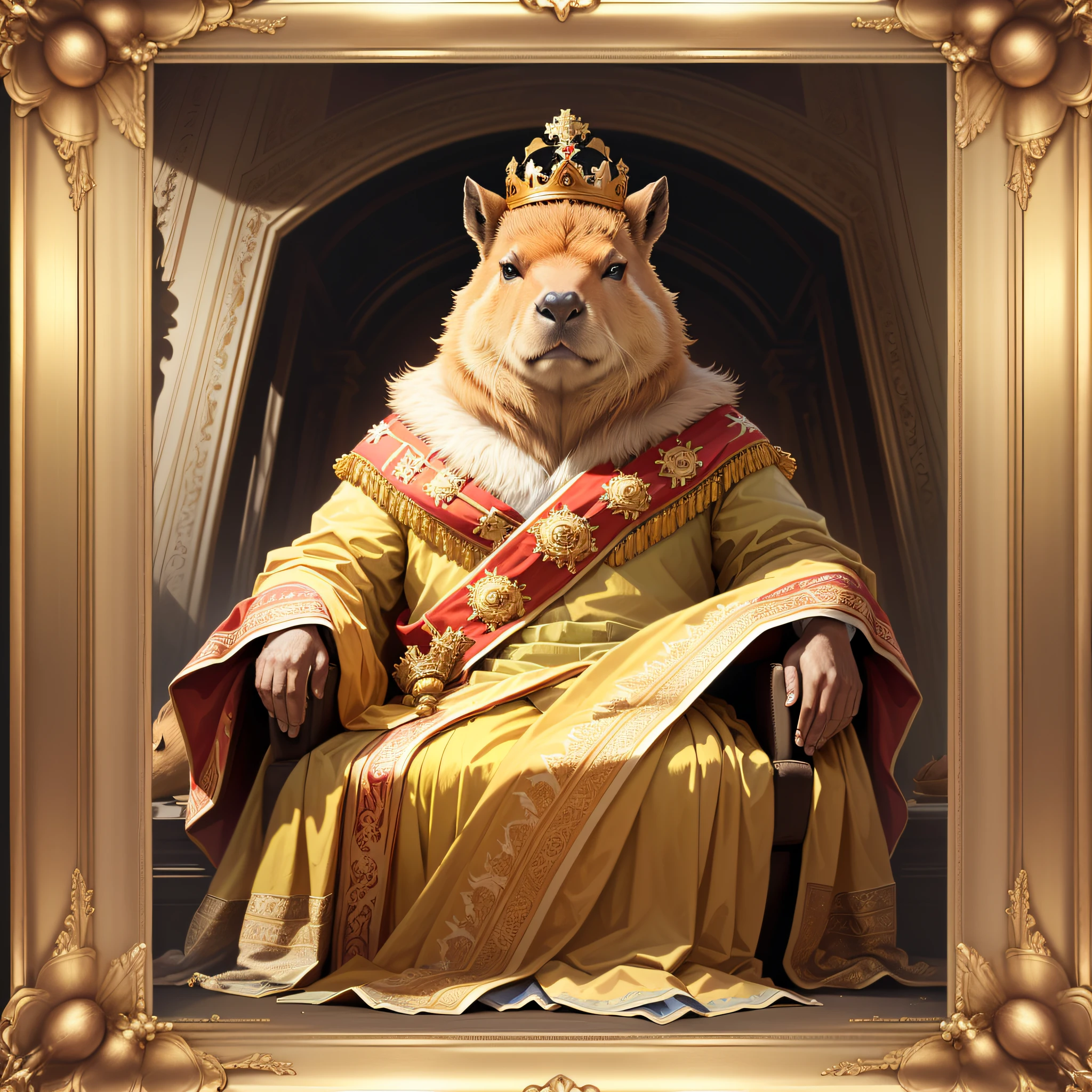 an oil portrait frame of a capybara with a crown on his head, wearing a majestic clothes and a classic simple background