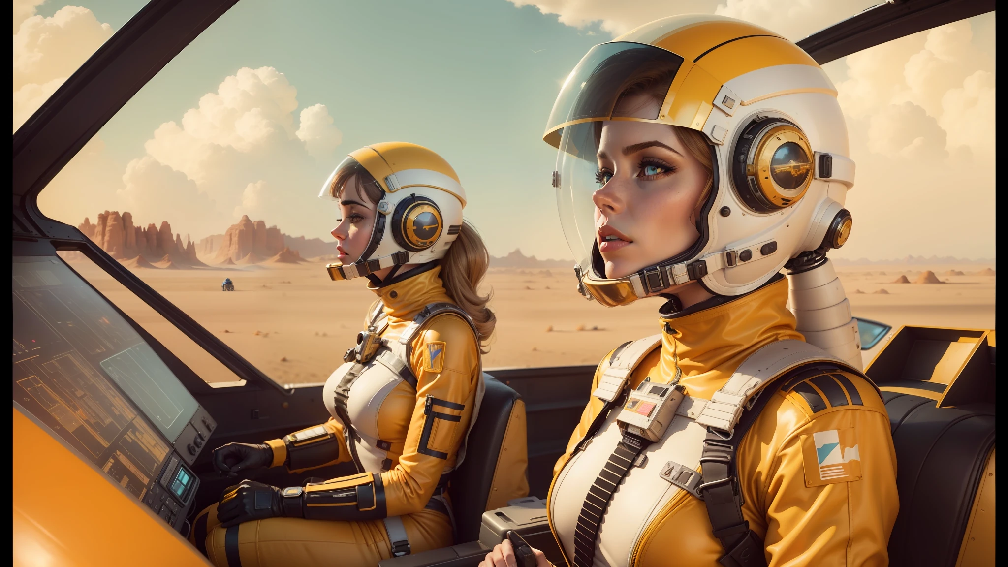two people in space suits sitting in a cockpit of a plane, trending on artstration, realistic female faces, matte art, mono-yellow, looks a bit similar to amy adams, red desert mars, youtube thumbnail, kylie minogue as barbarella, style of ian hubert, map patreon, 70s colors, valerian
