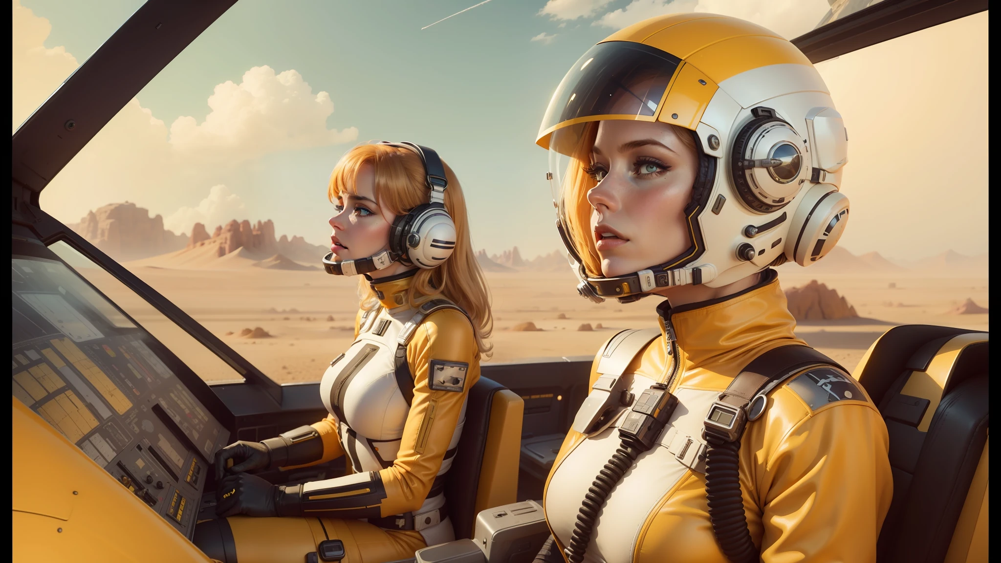 two people in space suits sitting in a cockpit of a plane, trending on artstration, realistic female faces, matte art, mono-yellow, looks a bit similar to amy adams, red desert mars, youtube thumbnail, kylie minogue as barbarella, style of ian hubert, map patreon, 70s colors, valerian
