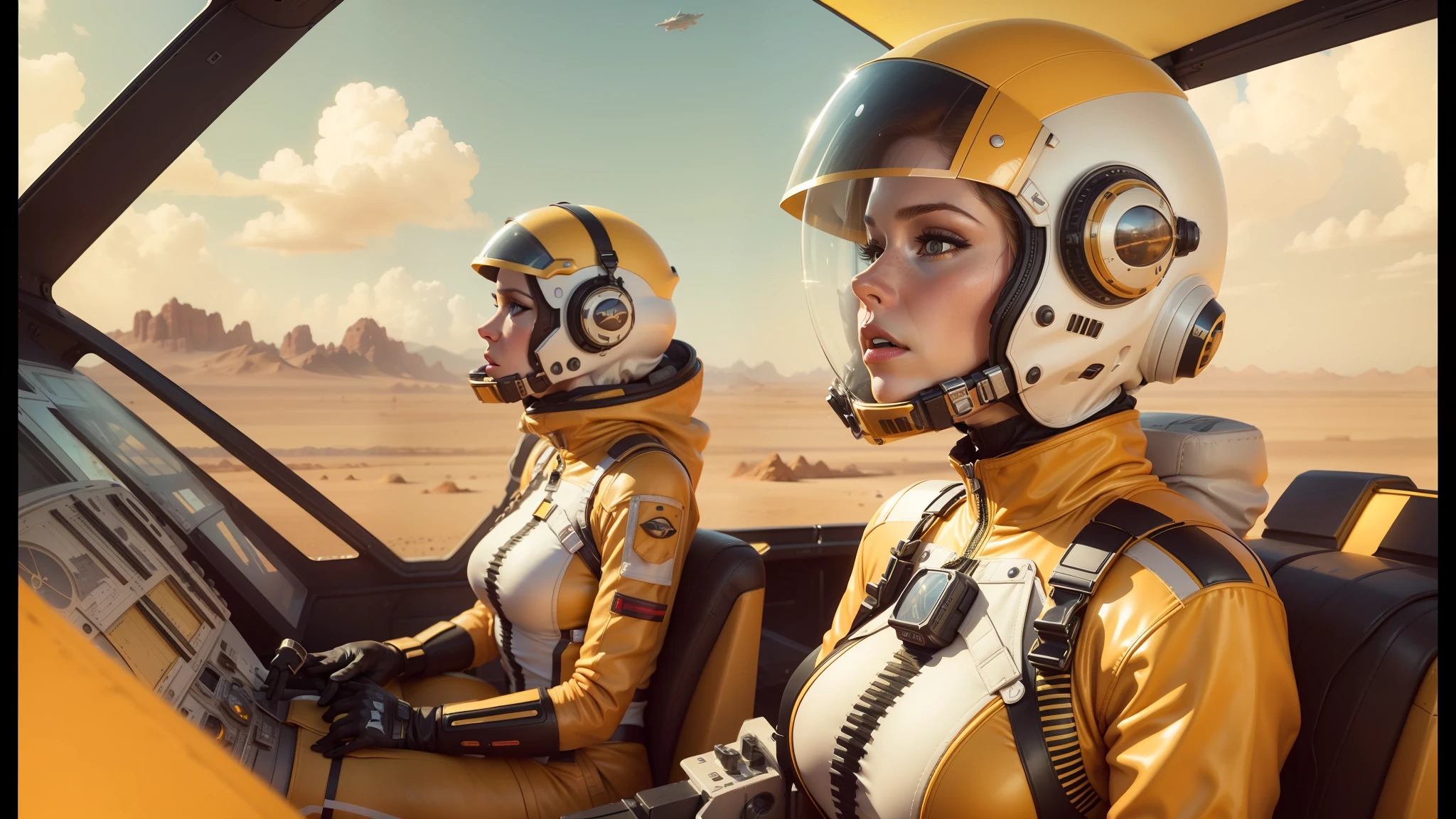 two people in space suits sitting in a cockpit of a plane, trending on artstration, realistic female faces, matte art, mono-yellow, looks a bit similar to amy adams, red desert mars, youtube thumbnail, kylie minogue as barbarella, style of ian hubert, map patreon, 70s colors, valerian