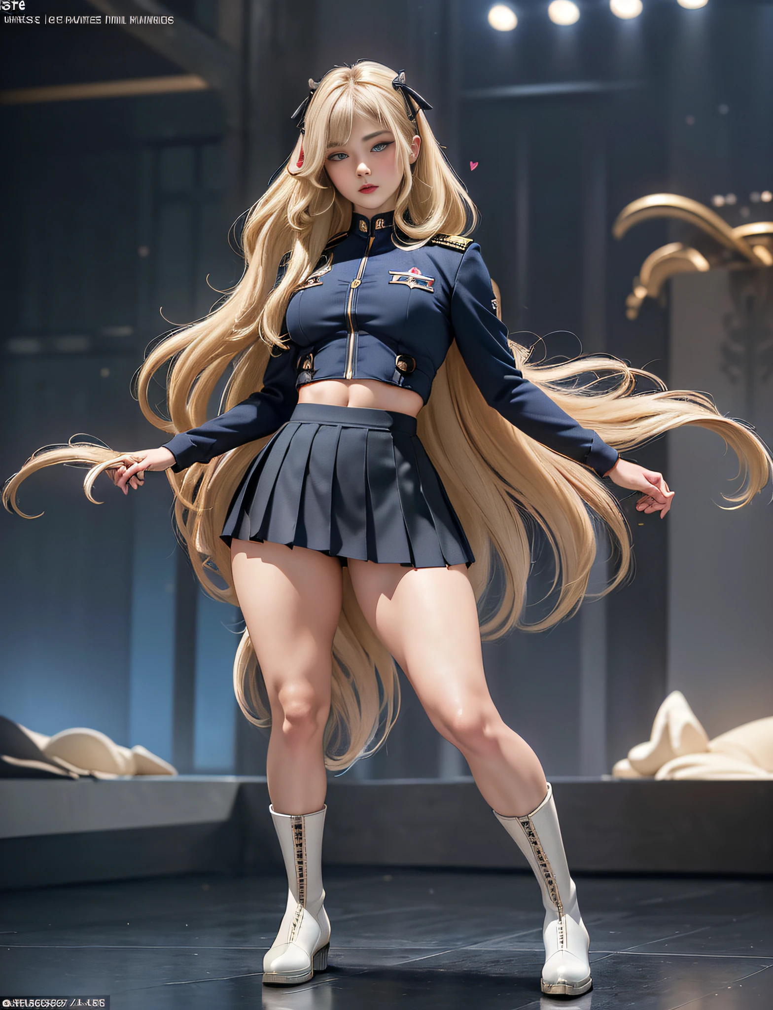 very detailed RAW color photo, (((1 girl))), (((alone))), (((17 years))), (((very young))), (((very detailed perfect body))), (((small and defined breasts))), (((ultra defined curves))), (((superior quality, 8k, masterpiece: 1.3)), sharp focus: 1.2, (((extremely beautiful girl with perfect figure: 1.4))), ((very thin waist: 1.2)), ultra detailed skin texture, ((smooth and soft skin)), ultra detailed fabric texture,  Extremely beautiful face ultra detailed, (((extremely beautiful))), intricate details, ultra detailed, (((girl wearing a school suit))), (((straight blonde hair))), extremely beautiful, (((extra long mane with bangs))), (hair on the face), ((hair ribbon)), dynamic pose, ((the suit leaves the thighs exposed)), ((ultra detailed legs)), ((((the uniform wears a miniskirt))), (((ultra detailed waist))), (((very wide hips))),  (((very thick thighs))), ((very twisted legs, muscular thighs)), (sexy), (((extreme hourglass figure))), (((very thick heart lips))), ((red lipstick)), ultra detailed lips, ultra detailed blue eyes, ((angry look)), (((staring at the viewer))), ultra detailed provocative mouth, extremely beautiful seductive lips, (((blushing)), (makeup), (((model body))), (((ultra defined waist))), eye shadow,  (full body shot), (military booties)