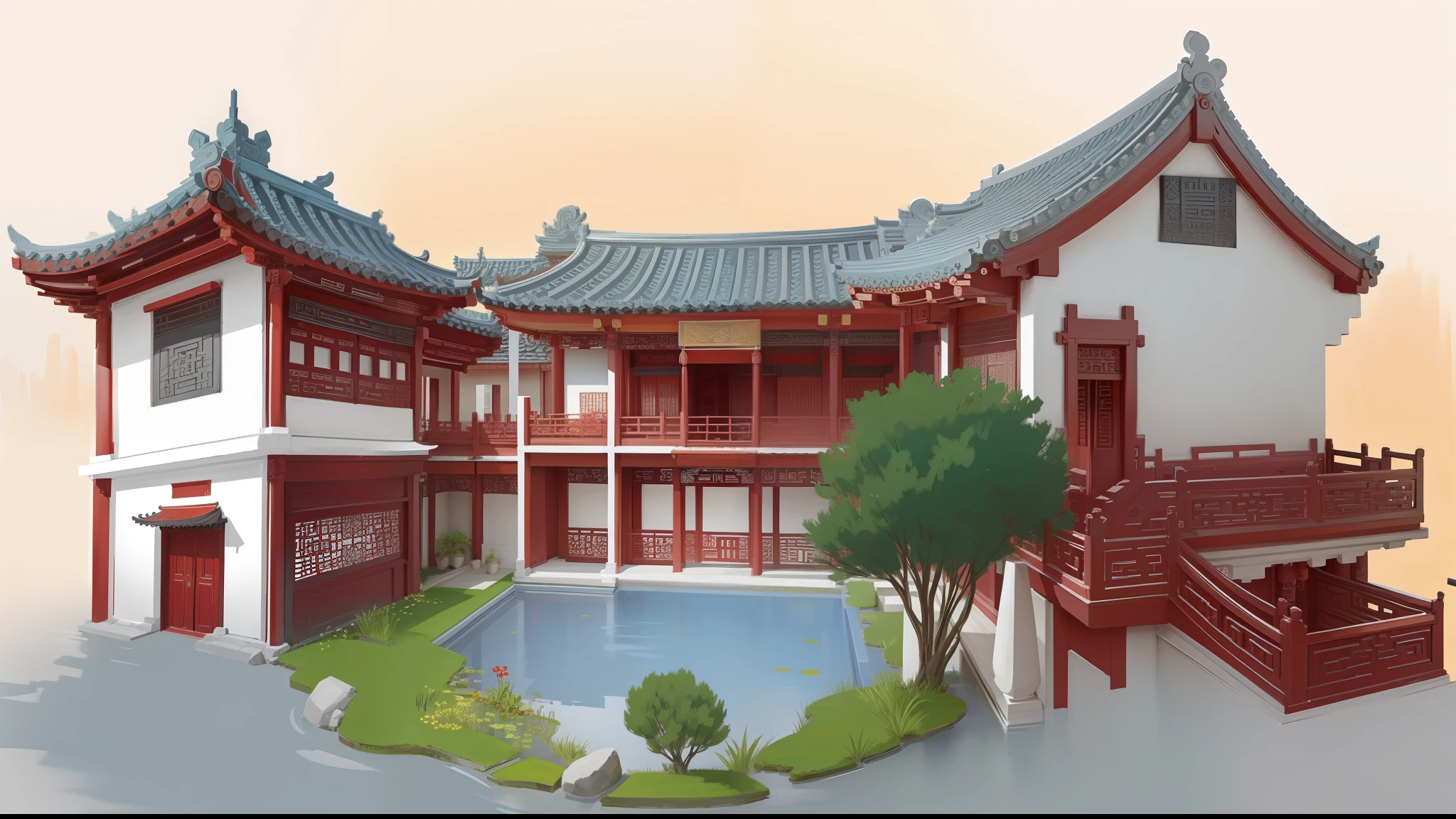 A Chinese style building, red pillars I structure, cyan tile roof, black plaque, flowers and stones, pond, soft lighting, white background, HD, Disney style, perfect fingers,