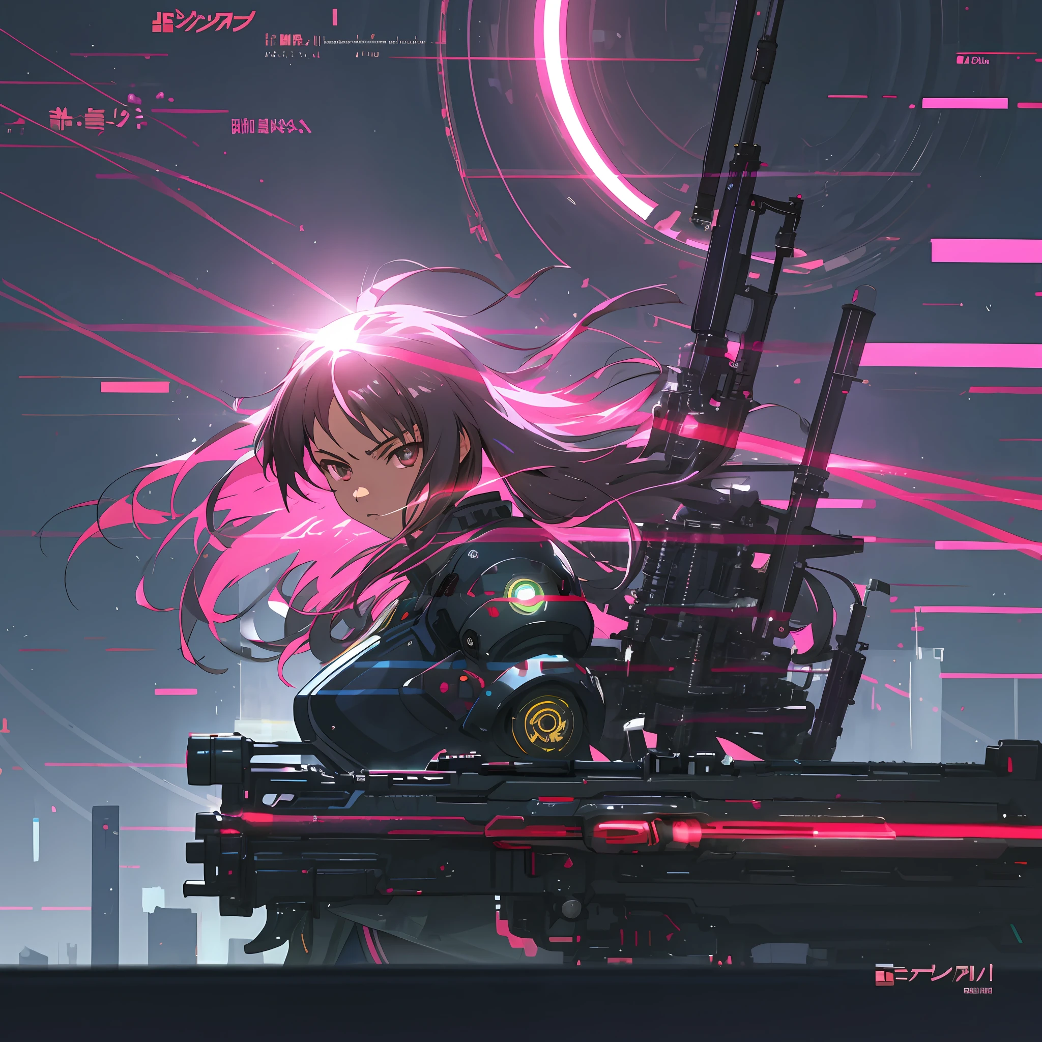 3d,big,anime character with pink long hair and silver eyes in futuristic city at night,rainbow takes, futuristic black jacket, ((big))),digital cyberpunk anime art, bad anime 8k, best anime 4k konachan wallpaper, anime style 4k, digital cyberpunk - anime art, anime art wallpaper 8k, anime wallpaper 4k, anime art wallpaper 4k, anime cyberpunk art, top quality digital art, upper body close-up shot, stunning art by Makoto Shinkai, with futuristic glowing long gun, quick movement, realistic detailed depiction background, extremely detailed metallic costume and background, tremendously detailed mechanical costume and background, extremely fine shiny costume and background, costume and background with precise pattern in detail, futuristic monitor set up on background, chasing, rape face, upturned eyes, (ahe face), dissatisfied expression, frustrated