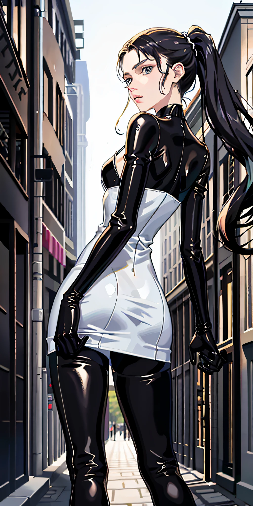 Extremely detailed, very sharp, best quality, masterpiece, Astrid Bergès-Frisbey face, walking down the street, black long ponytail, pale skin, adult long face, slender body, very sad, sorrow, shy, bodysuit dress