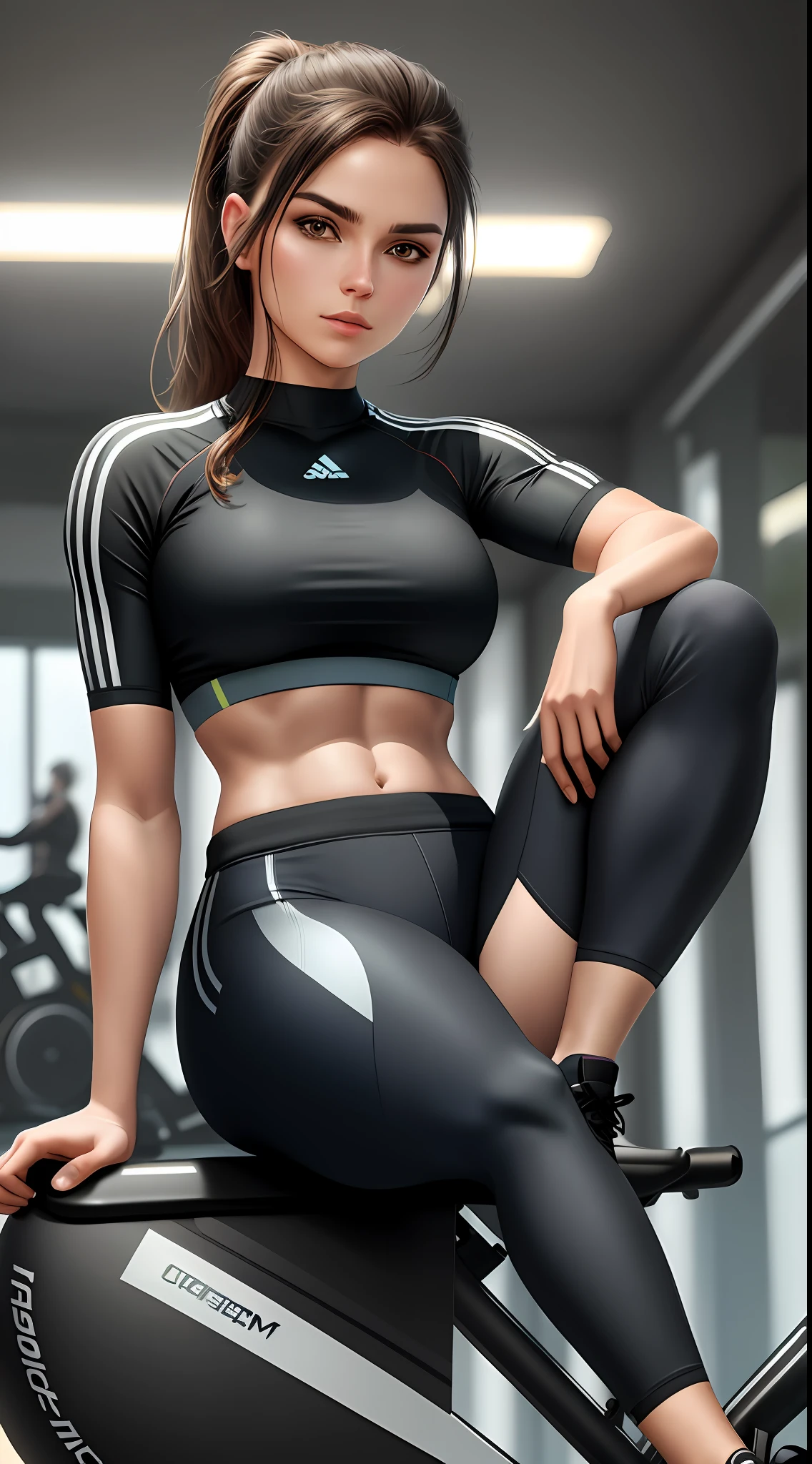 woman sitting on argometric bike wearing gym clothes ,beautiful woman abidomem set,,in gym ,high realistic image, highly detailed,4k,high resolution