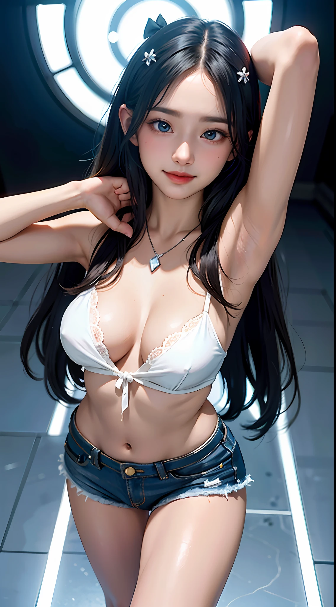 Best quality, highly detailed, masterpiece, super detailed, an extremely delicate beautiful girl, extremely detailed, extremely delicate and beautiful, exposed shoulders, 8k wallpaper, black ribbon, dynamic angle, overexposure, glowing eyes, very close to the viewer, white bow, real, original, long hair, super long hair, large breasts, sleeveless shirt, shorts, no bra, no panties, heart-shaped hair ornament, jewelry, ribbon necklace, black necklace, necklace, pendant, wristband, seductive smile, excitement, heart-shaped pupils, head up, head up, standing, Extremely delicate beauty, dynamic angle, shine, blue eyes, sky blue hair, messy long hair, absurdist, big, open navel , halo, ribbon necklace, necklace, seductive smile, head tilt, stretch, fighting posture, top to bottom
