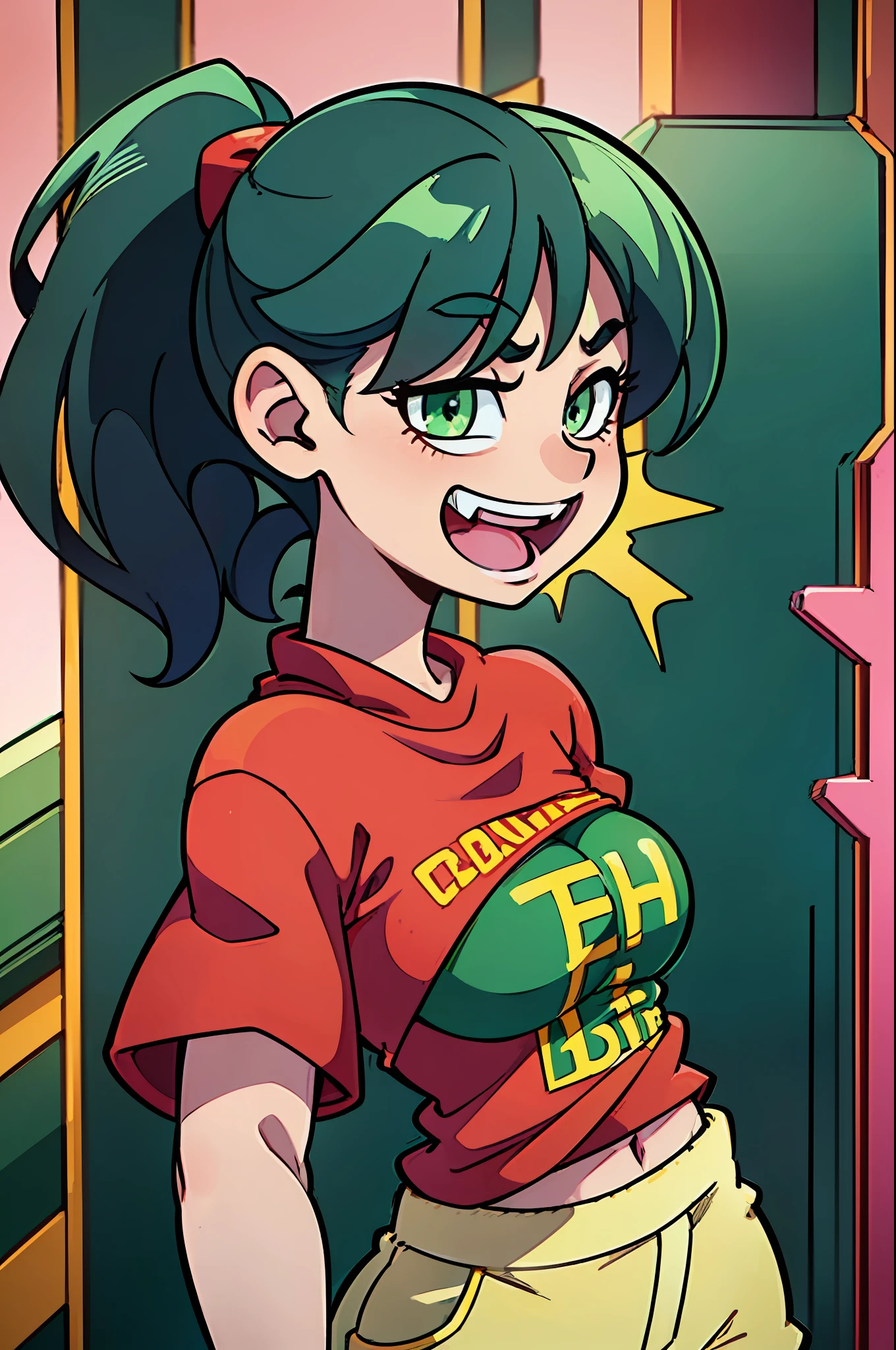 masterpiece, high quality, (anime), best quality, 1girl, very detailed eyes and face, loose red shirt, dynamic light, ((((close-up))), ponytail hair, (pink background: 1.1), (((green eyes))), dark hair, ((((red shirt)))), ((yellow logo)), denim shorts, aquamarine shorts, black hair, yellow ribbon, ((long short))), (gray tights), ((flat chest)), ( years), small figure, small thighs,  (fire logo), (large size shirt), ((ponytail hair)), ((single background)), dark greenish hair, ((((laughing))), ((small breast)), ((standing)),