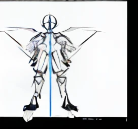 a drawing of a man with a sword and a sword in his hand, stylized proportions, foreshortening, symetrical wings, dynamic perspective pose, proportions off, symmetrical proportions, symmetrical pose, dynamic pose perspective, fullbody shot turnaround, symmetrical fullbody rendering, mecha wings, armor angle with wing, cyborg wing, dynamic pose and perspective