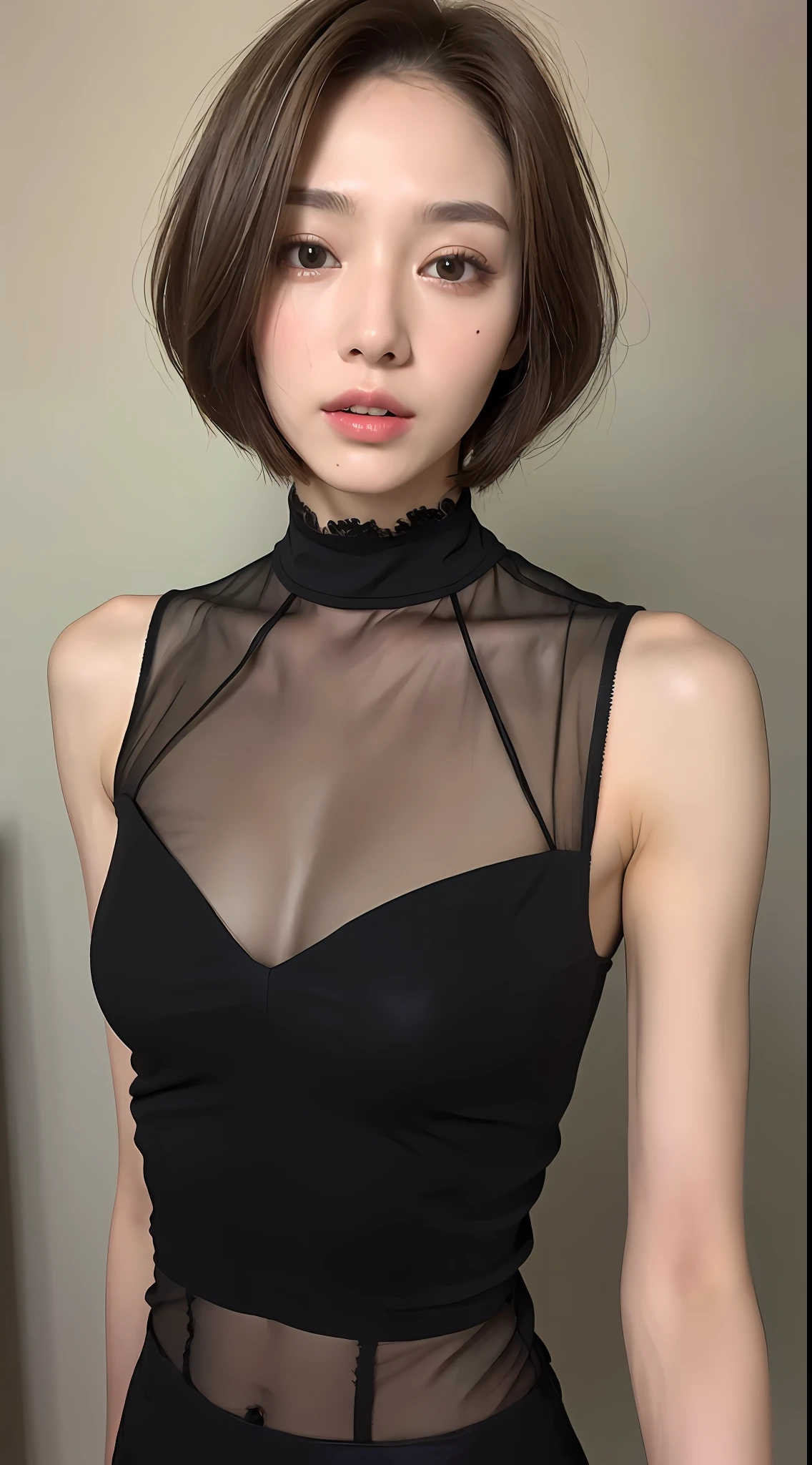 ((Top Quality, 8k, Masterpiece: 1.3)), 1 girl, Beautiful woman with slender abs: 1.3, (Highlight Haircut, Big: 1.2), Black See-through: 1.1, Ultra Detailed Face, Detailed Eyes, Double Eyelids, Short Cuts