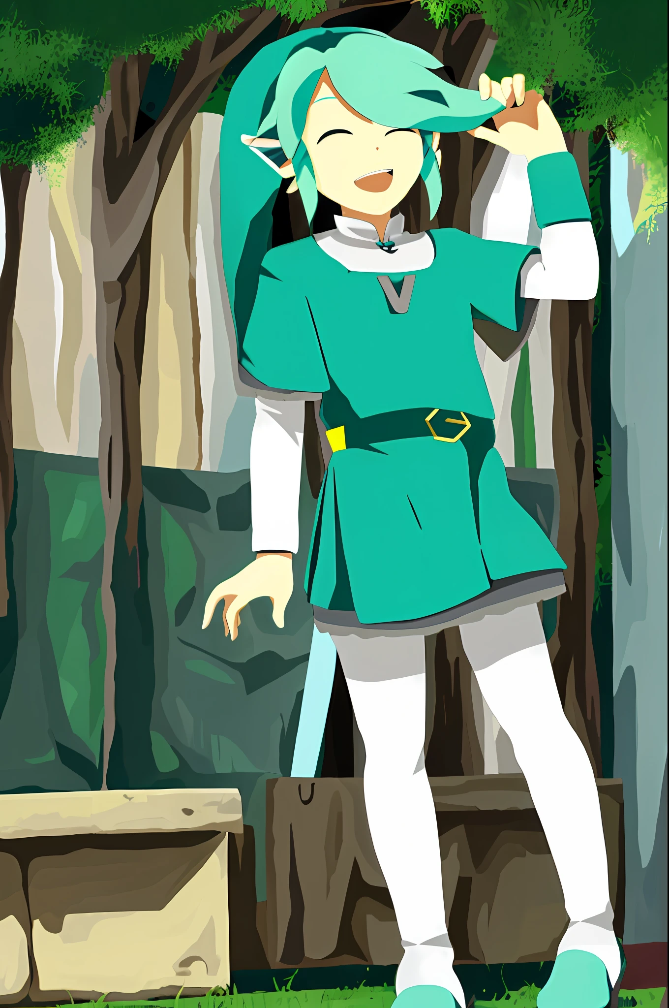 masterpiece, best_quality, 1girl, solo, link, the legend of zelda, tunic, hat, Hatsune Miku's original design, with a blue and teal color scheme, long pigtails, and a dress with speakers, fairy-like character, medieval-inspired design, cape with music notes,