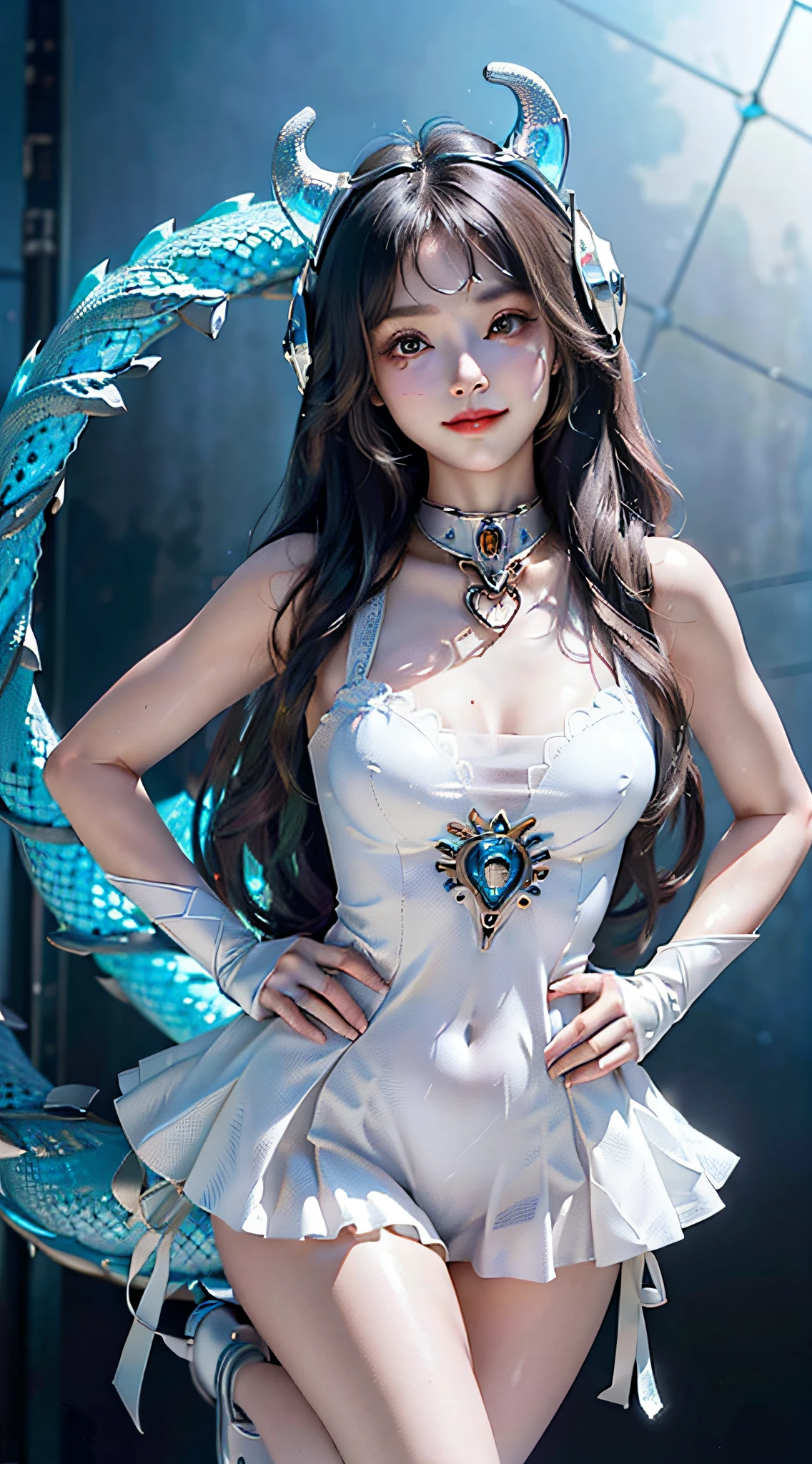 (((((cute girl face, smooth and delicate face, mechanical body))), cyberpunk dragon mecha, clear facial details, ((dragon texture)), transparent helmet, bright eyes, spatial background, detail depiction, masterclass, mecha reflection, advanced rendering, sharp, mecha and body in one, clear bones, blood flow, delicate facial features, color transparent infusion hose, (((masterpiece)), illustrations, the best quality, very detailed CG unified 8k wallpaper, a very delicate and beautiful , game_ CG, Panorama, All-Round, Running, Cinematic Lighting, Surrealism, (Blue Dragon Scales, Clear Dragon Scales), (Realistic Style), Solo, Hyperdetail, (Telephoto Lens) (Very Detailed CG Unity 8k wallpaper), (((Masterpiece)), ((Best Quality)), (Extremely refined and beautiful)), Realism, Masterpiece, Best Quality, Lifelike Delicate Facial Skin, 8k wallpaper, black ribbon, white bow, real, original, long hair, super long hair, Heart-shaped hair accessories, jewelry, ribbon necklace, pendant, wrist strap, seductive smile, best quality, masterpiece, open legs, against the wall, arm support, lean forward, arms crossed, hands on hips, hands on hips, hands up, stretch, fingers smile, cat pose, hands on hips, middle finger, shh, hair kneading, hair pull, peace symbol, standing excitement, heart-shaped pupils, head up, head up, standing, extremely delicate beauty, dynamic angle, navel exposed, head tilt, stretch, fighting posture,