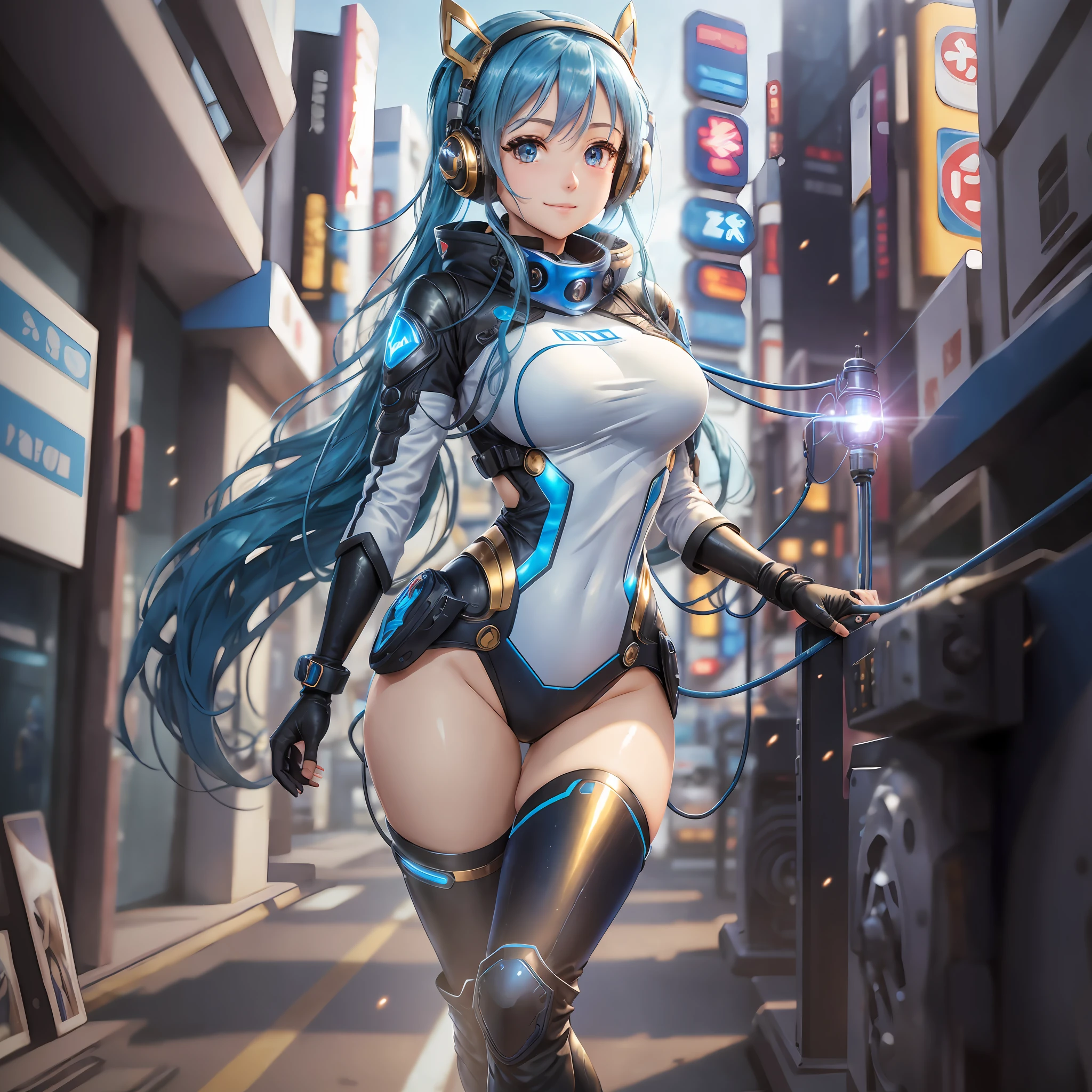 Full body, blue hair, blant-to-van, masterpiece, best quality, official art, album art, very elaborate CG Unity 8K wallpaper, solo girl, Japan girl, full body, ultra high resolution, (photorealistic: 1.4), sparkly blue colored eyes, golden hour lighting, flight suit in white and blue and black colors, tight fit clothes, full-body covering clothes, knee boots, (puffy eyes ), watch the viewer, front-facing, beauty, medium breasts, shirt lift, metal wire, slim body, arm-length gloves, anime heroine, gentle smile, headset, --auto --s2