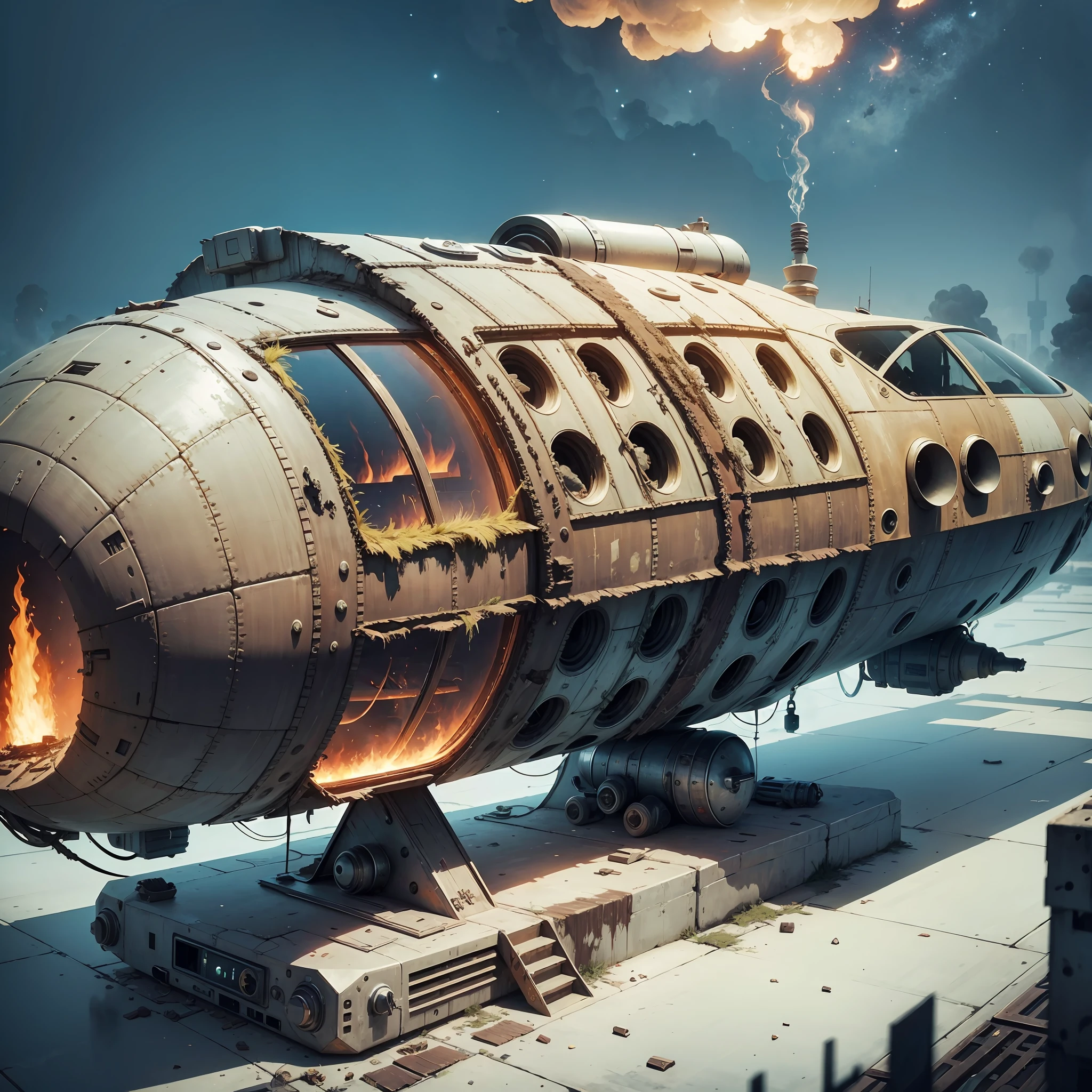A dilapidated spaceship with two engines and one burning --auto --s2
