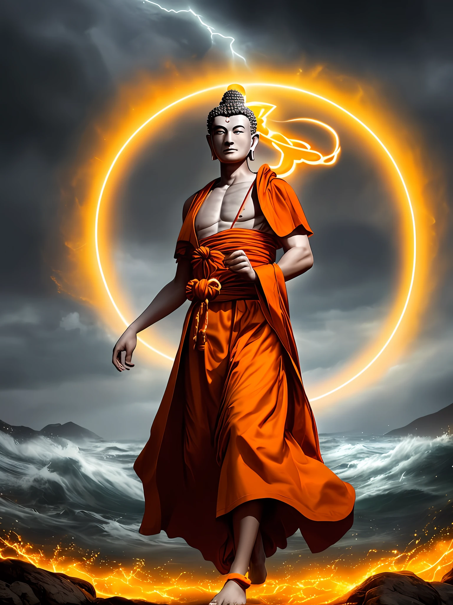 (A man with a (Buddha's knot)) wearing a orange monk's robe and walking in a sea of storms, halo, lightning, streaks of light from the sky, pretty face, slight smile, gorgeous, very detailed face, 48 years old, slender, (light pink skin), full body, barefoot, wide shot, masterpiece, best quality, volumetric lighting, very detailed photos
