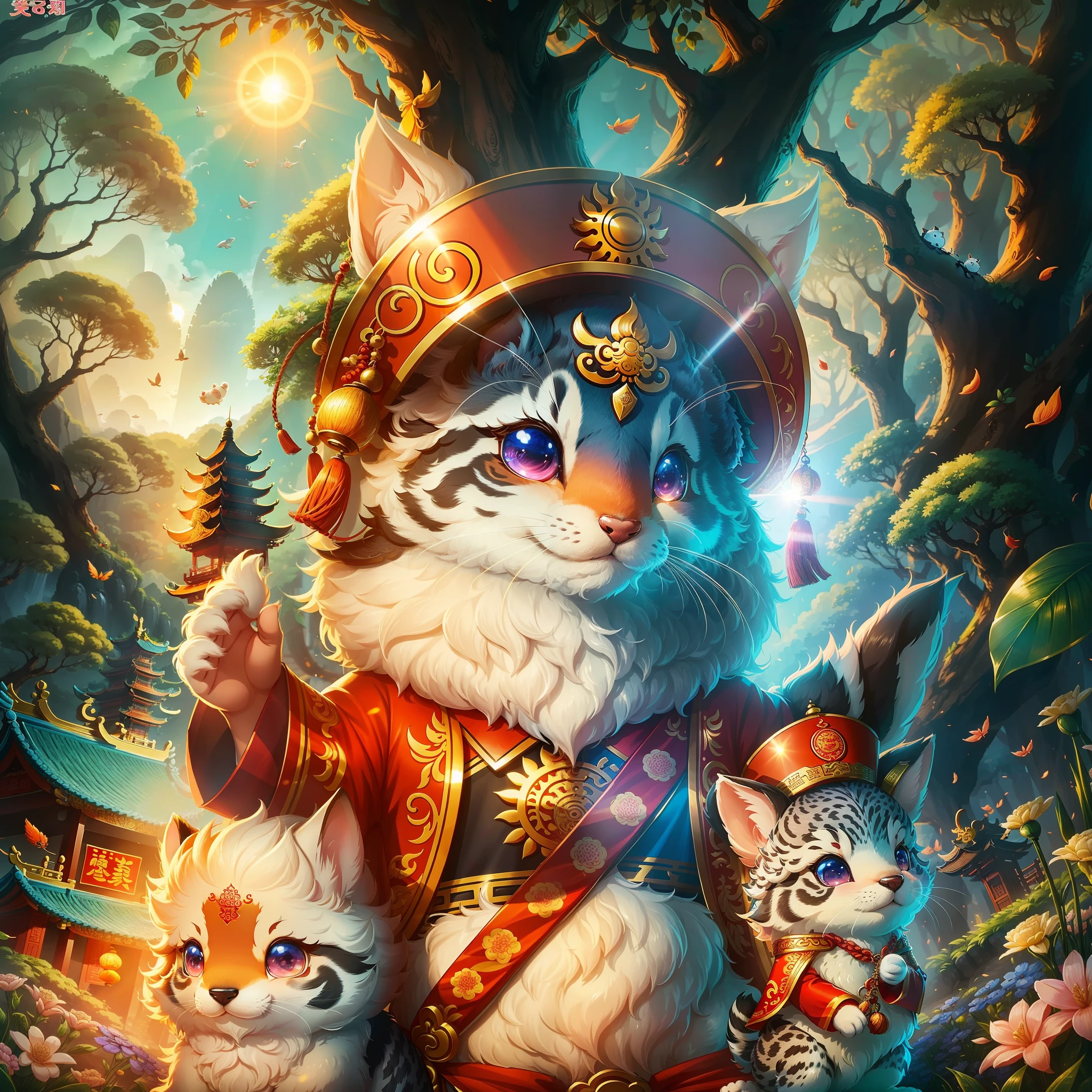 (best quality, ultra-detailed), mascot with Jiangxi cultural characteristics, Jiangxi city IP, unique creative design, cute and affinity, (cute animal:1.2) fluffy, sun-drenched UHD fantasy five clothes, clothes inlaid with Jiangxi logo, (fantasy engine:1.1), characteristics of the times, imaginative symbols, leisure time, with it, Jiangxi city IP is about to come out, Enjoy with small animals. --auto --s2