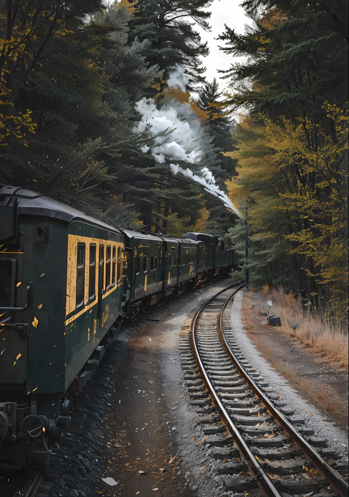 there is a train that is going down the tracks in the forest, on a train track of the yellowed forest, train, steam train, trains in the background, trains, steam trains, by Etienne Delessert, railways, yellowed leaves falling from the trees, white steam on the side, ultra realistic 4k, cinematic image