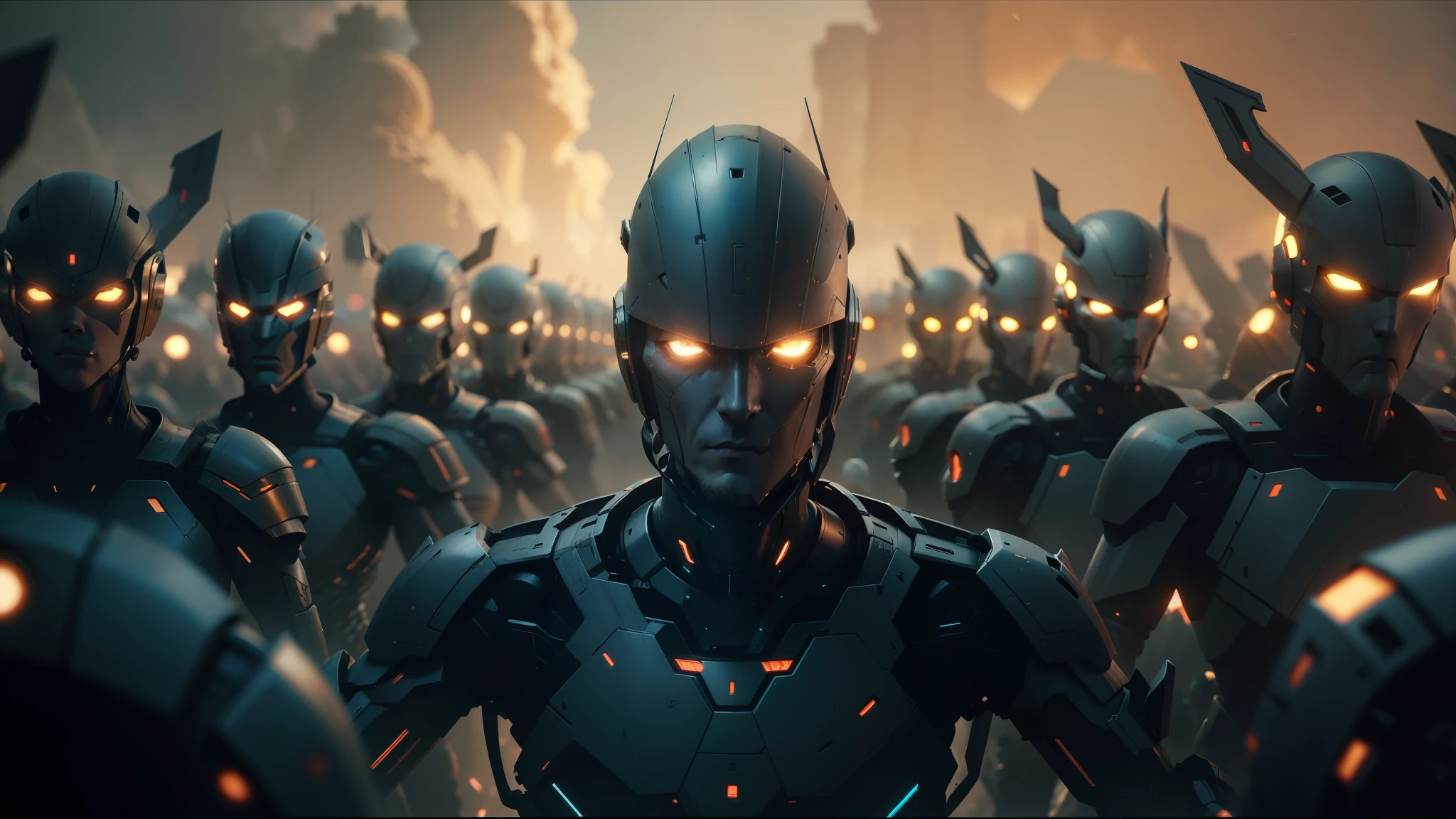 a close up of a robot standing in a large group of people, cinematic still frame, of an cyber gods, pierre pellegrini and ash thorp, highly detailed character design, by Jacek Sempoliński, chrome face symmetry, cgsociety ), dead soldiers, filmstill, eos 5d, in formation