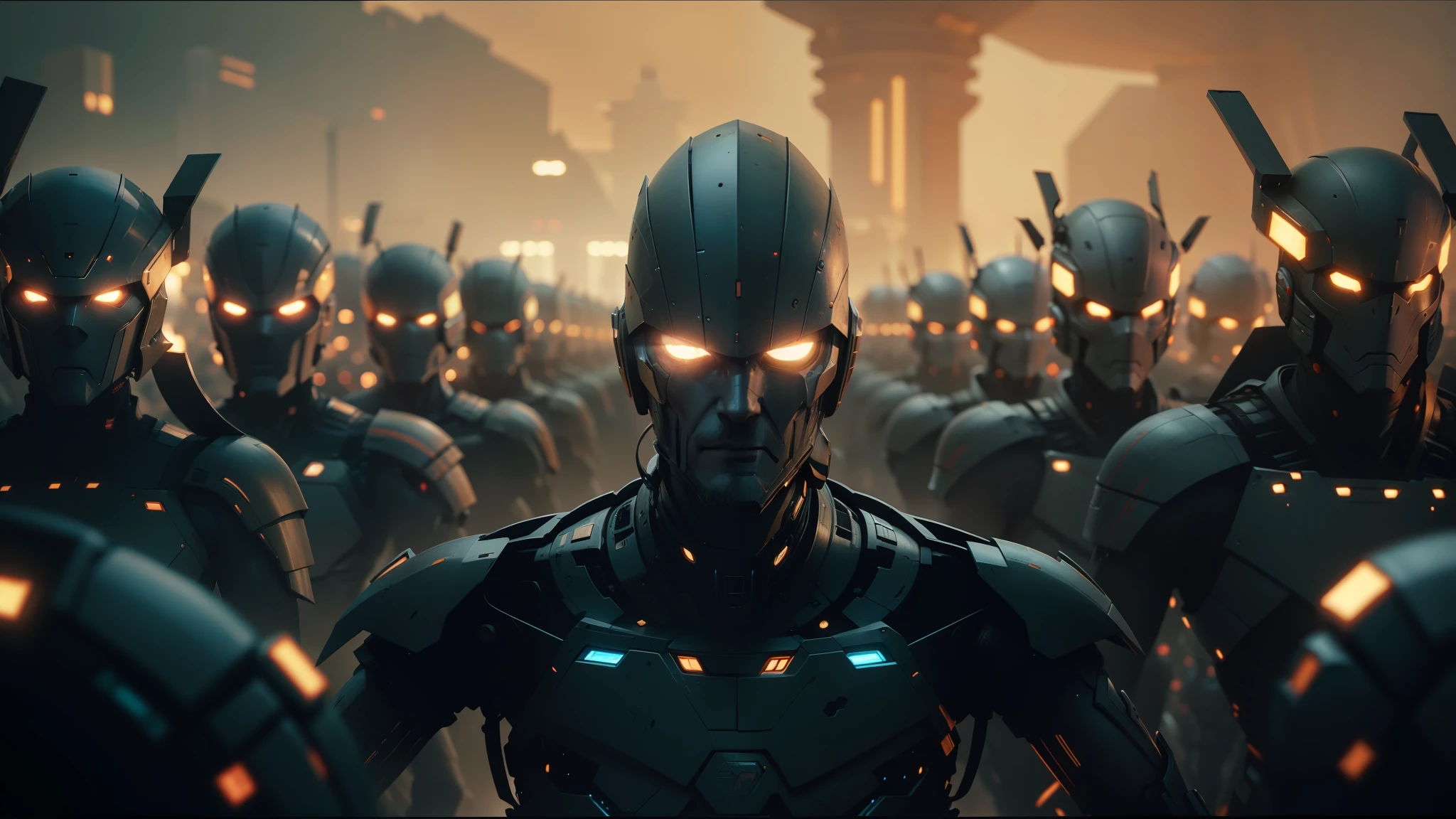 a close up of a robot standing in a large group of people, cinematic still frame, of an cyber gods, pierre pellegrini and ash thorp, highly detailed character design, by Jacek Sempoliński, chrome face symmetry, cgsociety ), dead soldiers, filmstill, eos 5d, in formation