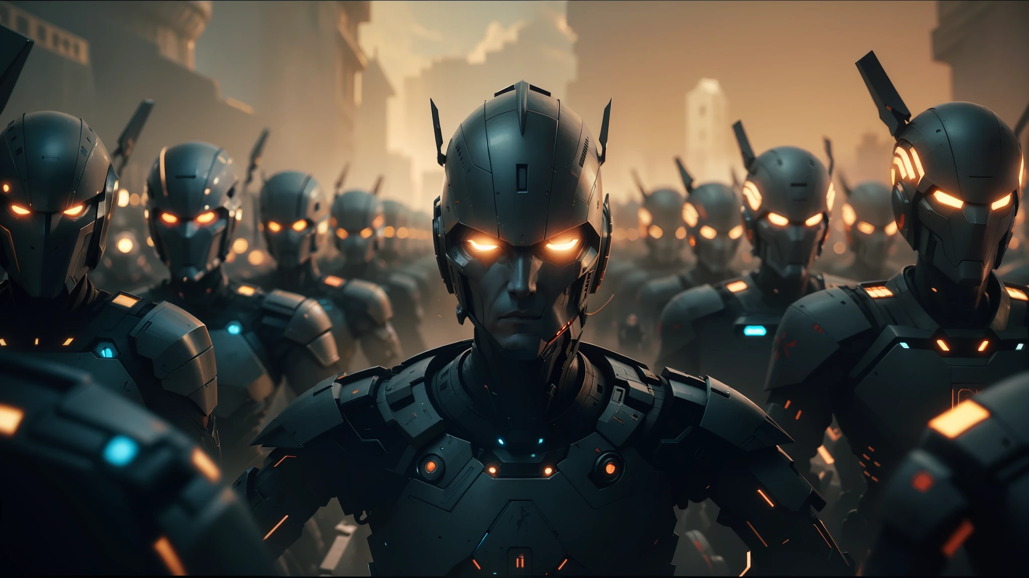 a close up of a robot standing in a large group of people, cinematic still frame, of an cyber gods, pierre pellegrini and ash thorp, highly detailed character design, by Jacek Sempoliński, chrome face symmetry, cgsociety ), dead soldiers, filmstill, eos 5d, in formation