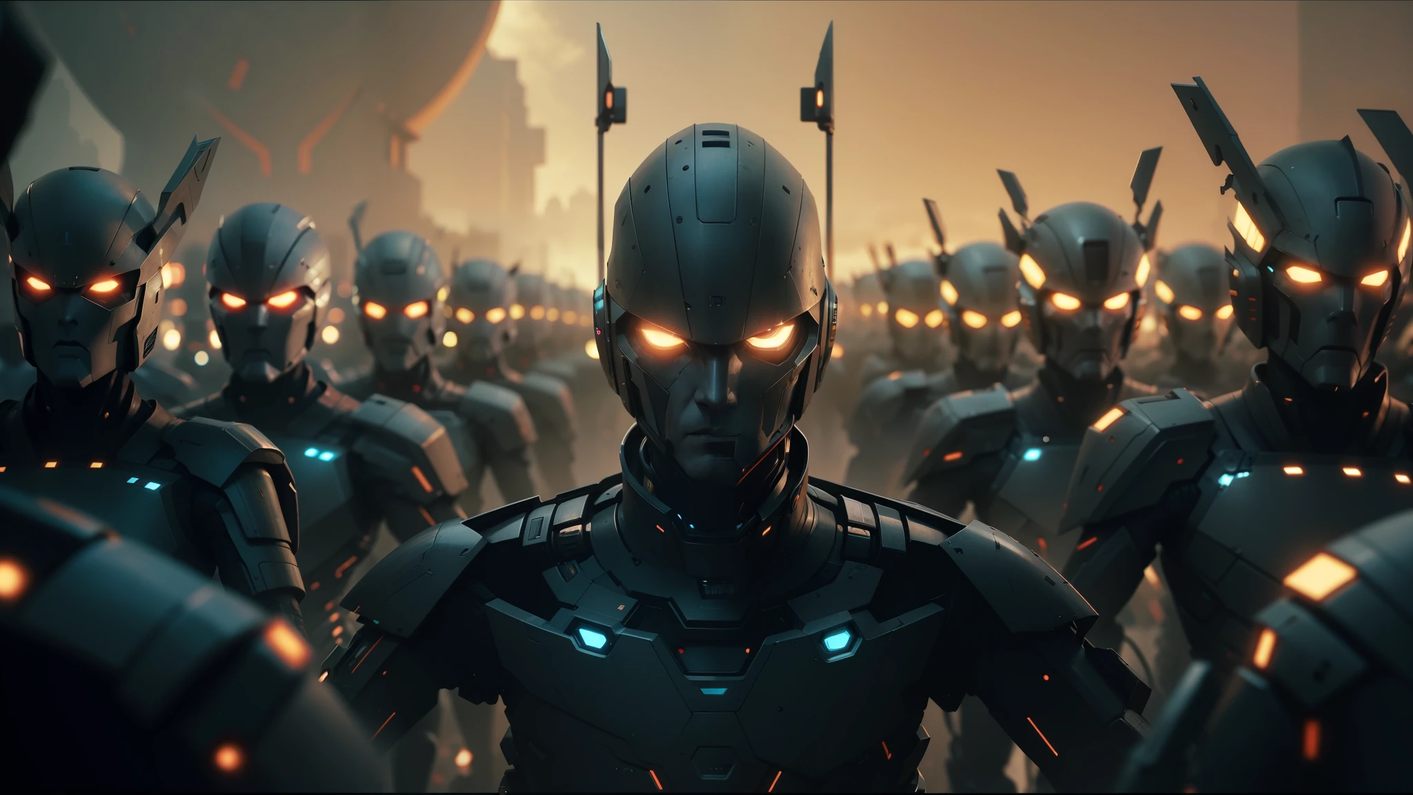a close up of a robot standing in a large group of people, cinematic still frame, of an cyber gods, pierre pellegrini and ash thorp, highly detailed character design, by Jacek Sempoliński, chrome face symmetry, cgsociety ), dead soldiers, filmstill, eos 5d, in formation
