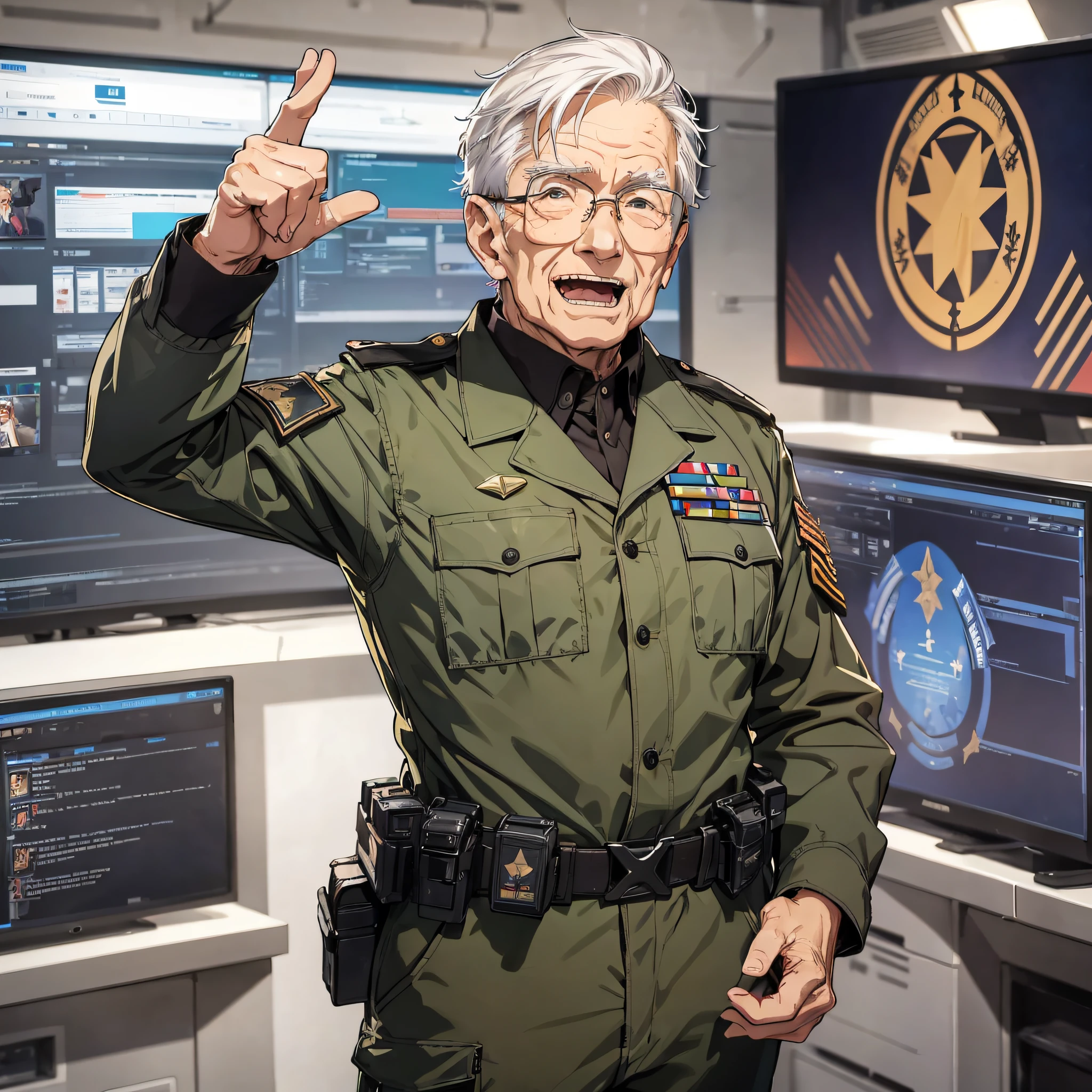 An elderly man dressed as a commander (1.5) with an excited expression and a large combat command in the background has many large screens
