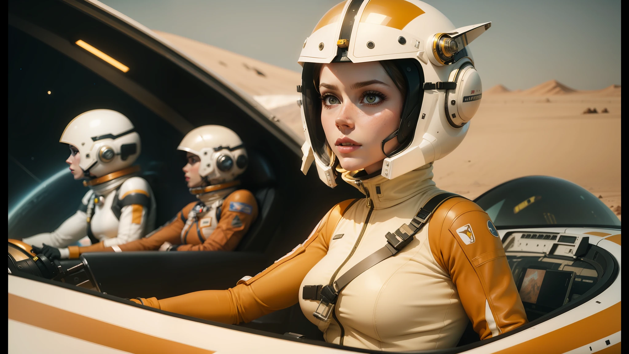 two people in space suits sitting in a cockpit of a plane, trending on artstration, realistic female faces, matte art, mono-yellow, looks a bit similar to amy adams, red desert mars, youtube thumbnail, kylie minogue as barbarella, style of ian hubert, map patreon, 70s colors, valerian