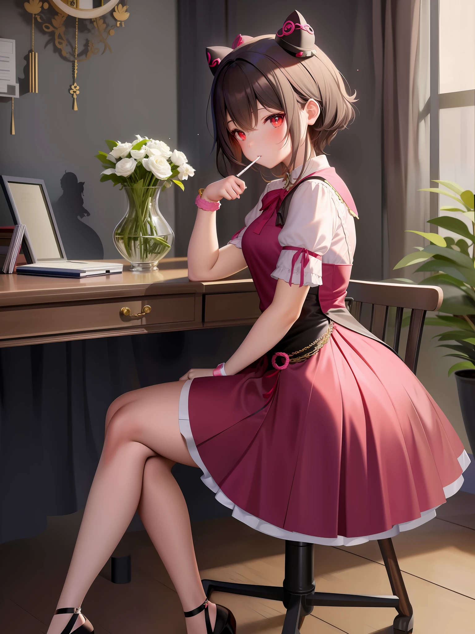 anime girl sitting at a desk smoking a cigarette, loli in dress, cute anime waifu in a nice dress, small curvy loli, cute elegant pose, splash art anime loli, seductive anime girl, guweiz on pixiv artstation, artwork in the style of guweiz, smooth anime cg art, guweiz on artstation pixiv