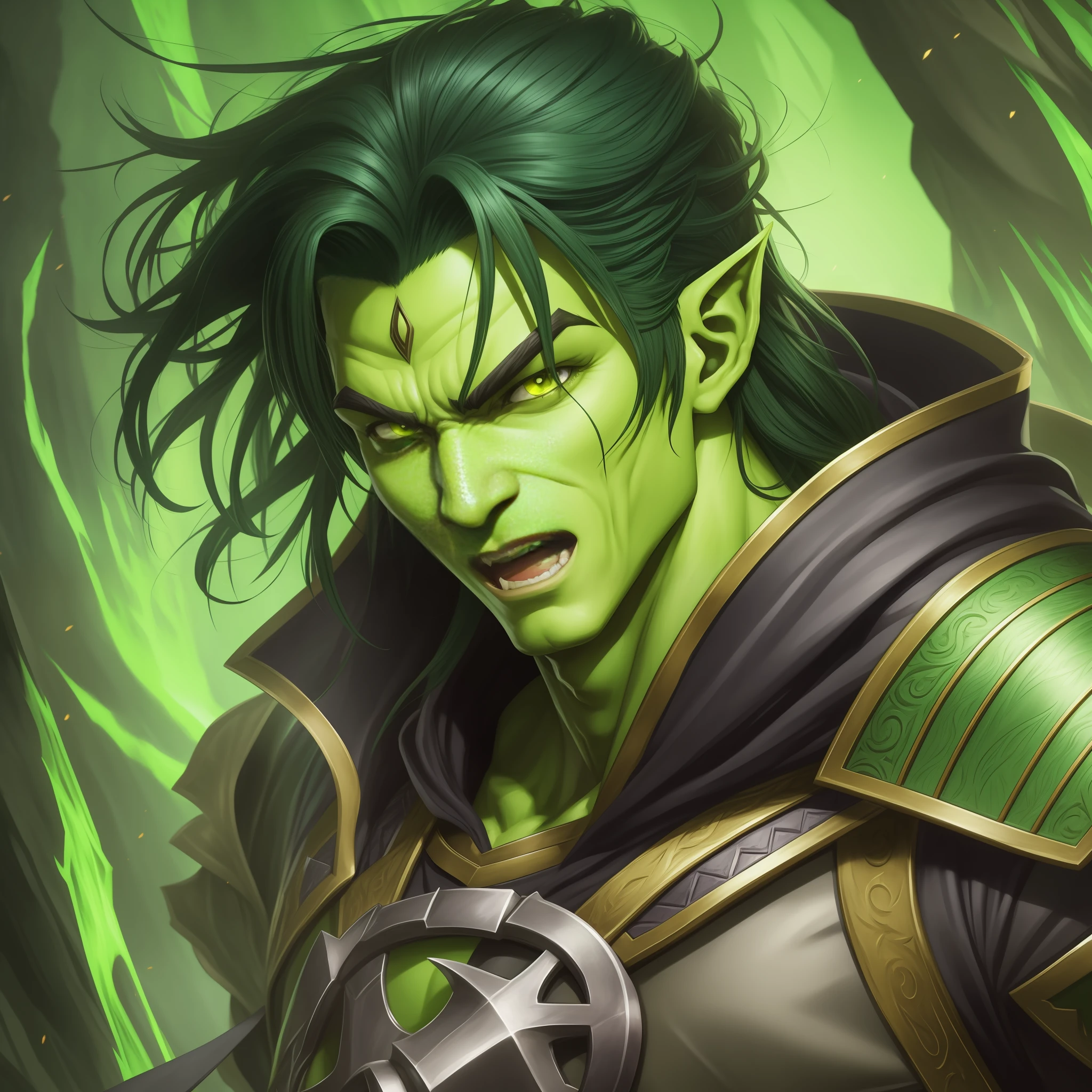 Portrait Rpg, close-up, fantasy art Race: Orc Gender: Male Eye color: light yellow Skin color: Deep green Physique: Agile and thin. Facial features: no facial hair, prominent fangs, prominent eyebrows and piercing eyes. Expression: Cheerful look. Hairstyle: Long black hair Equipment: Hooded armor Background: crypt