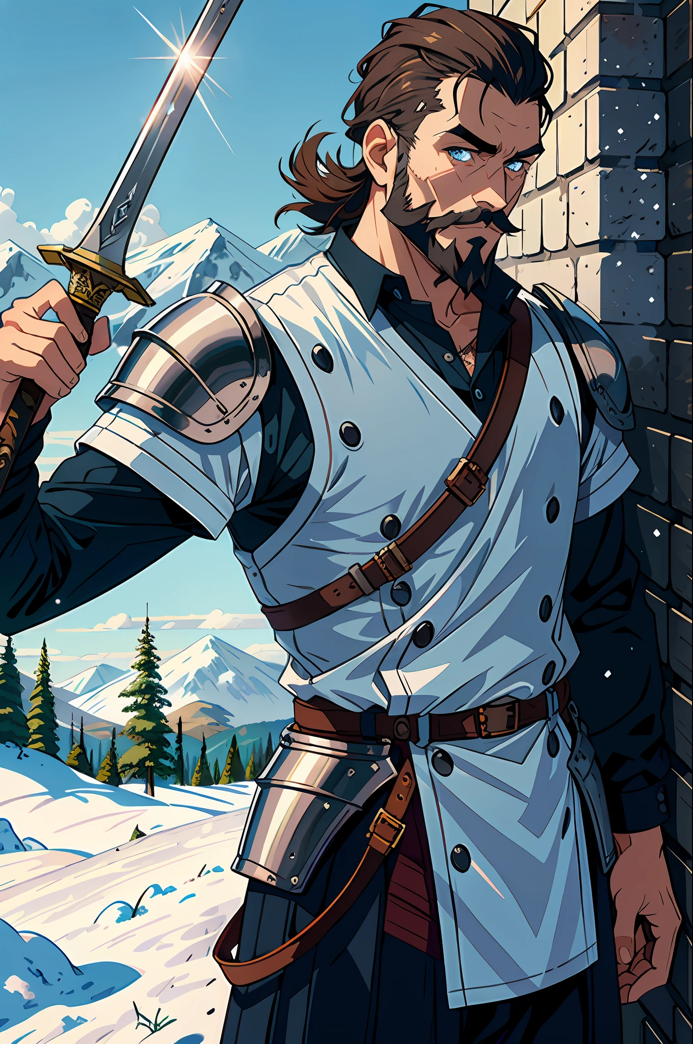 1 man,man focus,facial_hair,solo,beard,manly,sword, England armor,scenery,snow,wall, scar,