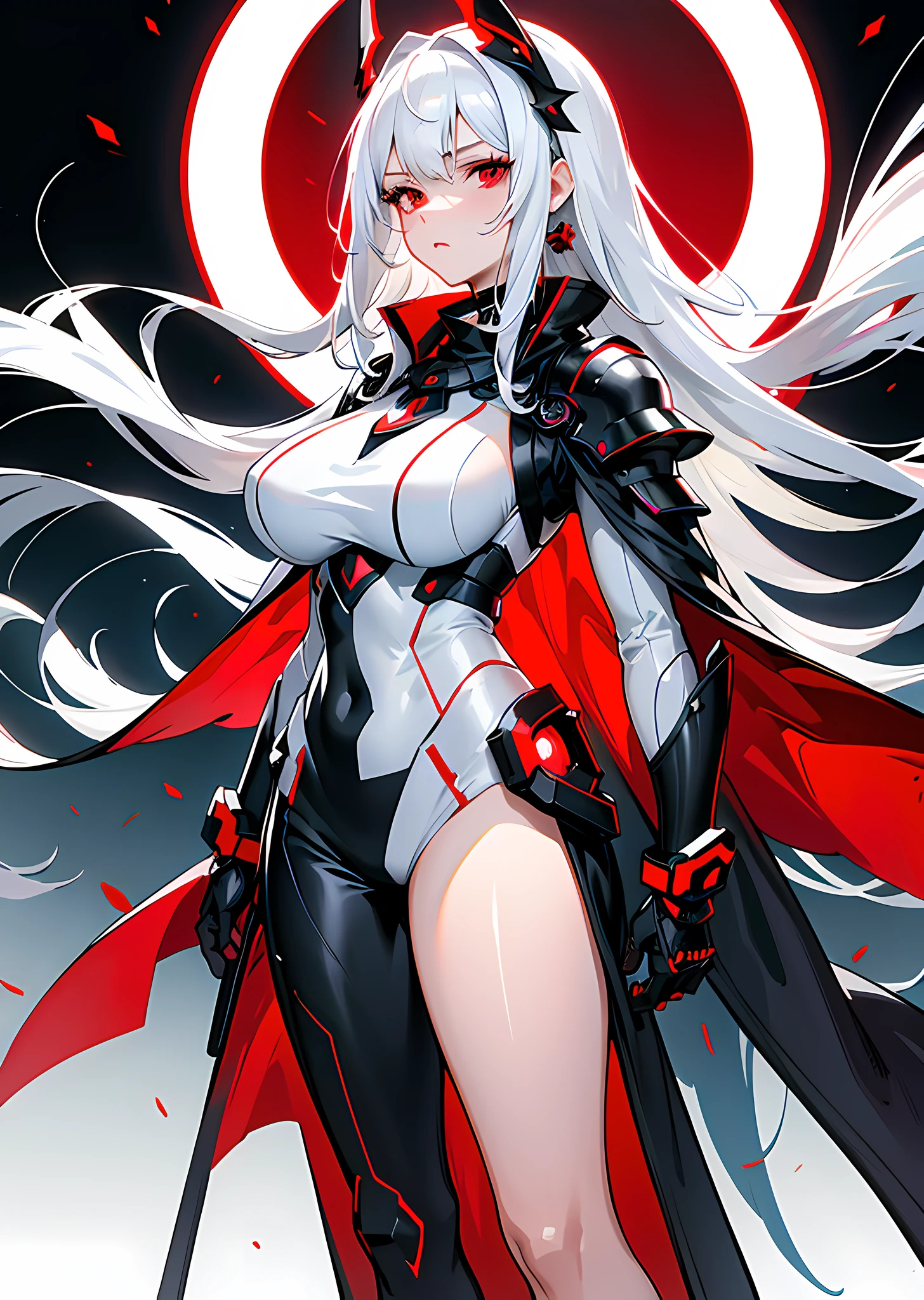 ((Masterpiece: 1.4, Best Quality: 1.2)), 1girl, Personal Focus, Tall Woman, Delicate Face, Stern Expression, High Cold, Extremely detailed anime face and eyes, Beautiful white armor, Hourglass characters, Big breasts, White hair, Gradient hair, Very long hair, Red eyes, Glow eyes, Mesh costume on face, Holding plasma katana, Eye-catching, Futuristic setting, Silhouette, black and red theme, gradient cape, full body