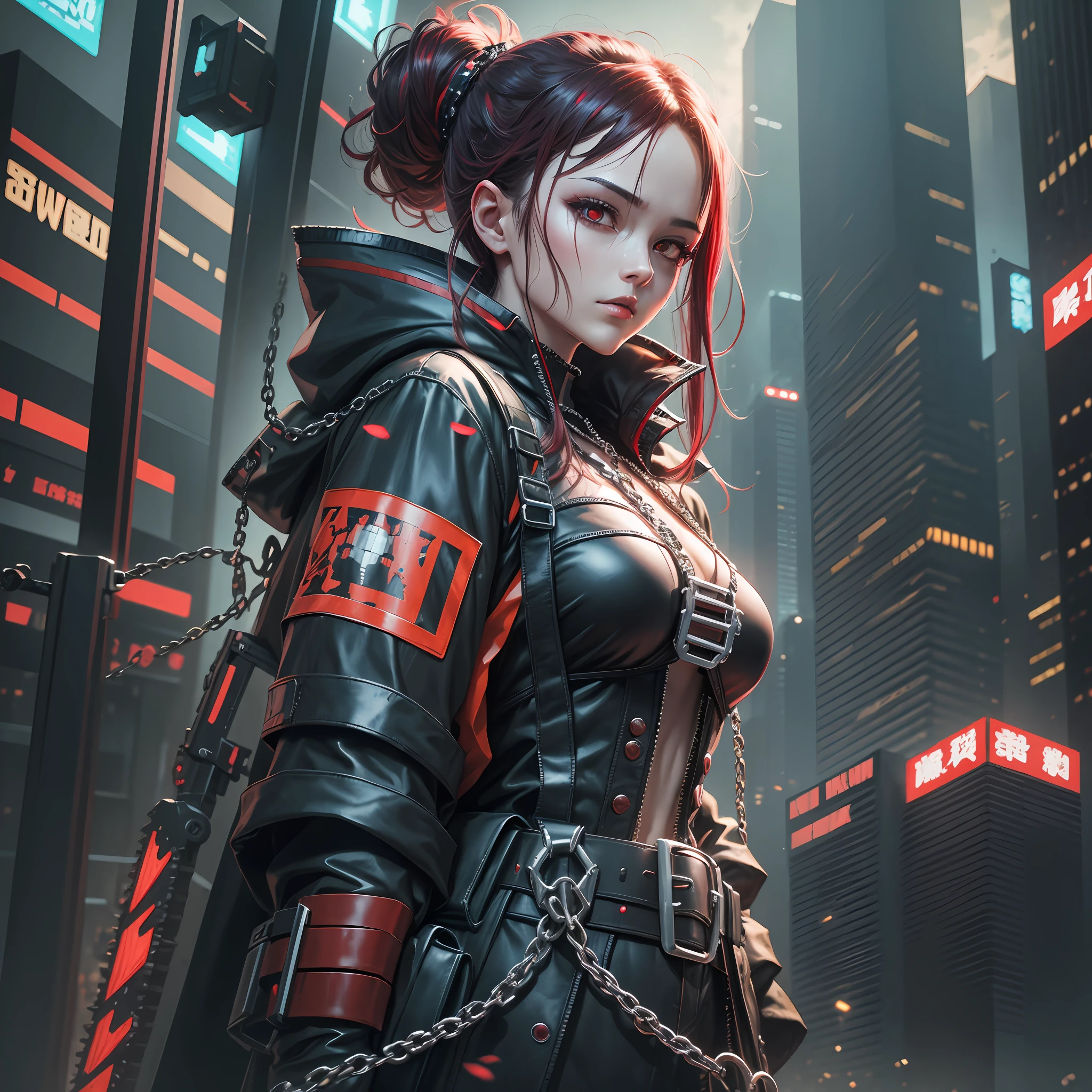 Dark_Fantasy,Cyberpunk,(chain saw,chain saw man,Red:1.1),1man,Mechanical marvel,Robotic presence,Cybernetic guardian, 美少女 --auto --s2