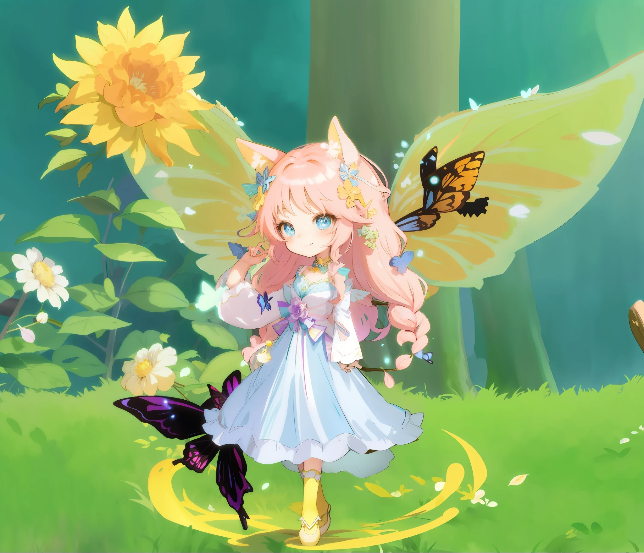 anime girl with a cat and a butterfly in a field, fey queen of the summer forest, style of maple story, astral fairy, smiling as a queen of fairies, ethereal flowerpunk, angelic purity, with bloom ethereal effects, chibi, fairy magnificent, forest fairy, queen of the fairies, fantasy outfit, faerie, wiggly ethereal being, fantasy dress