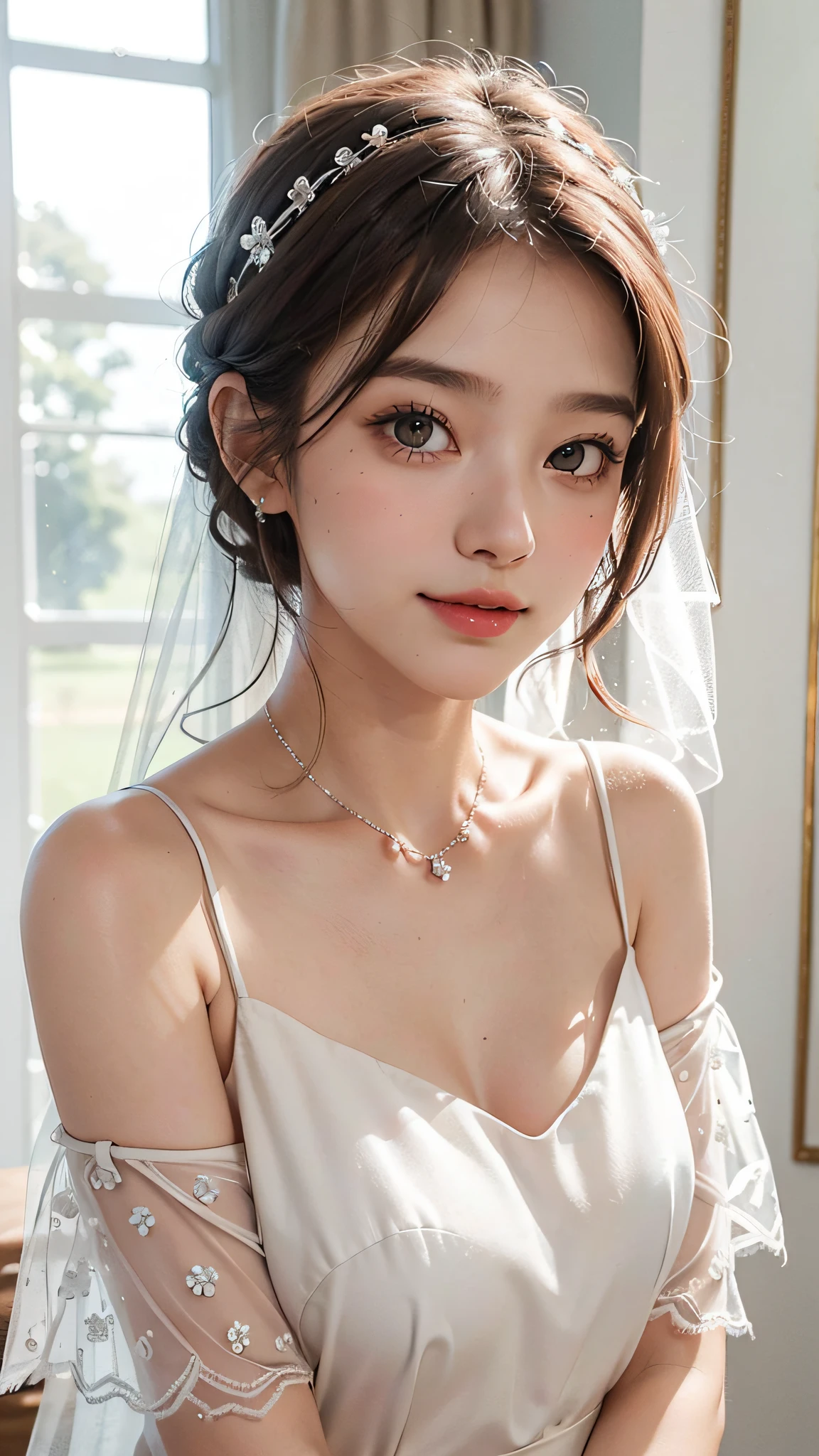 A beautiful and cute , highest quality, exquisite picture, Tyndall effect, big eyes, long eyelashes, peach off-the-shoulder top, white veil, short brown hair, perfect facial features, clear face, delicate lips, smile, clean and beautiful background, gentle light, modern, realistic