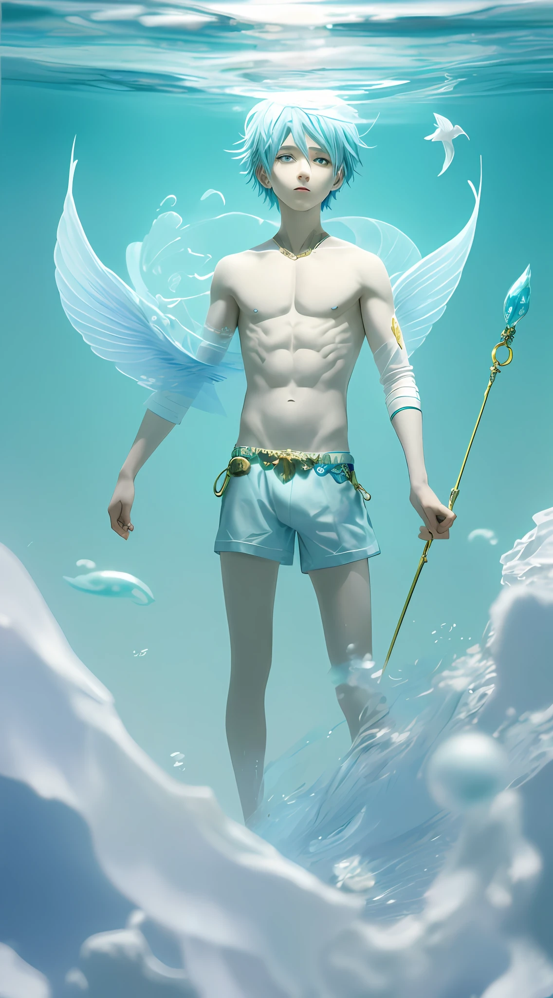 anime - style image of a man with a blue hair and wings in the water, greek myth digital painting, the god hermes, the god poseidon, greek god, skinny male fantasy alchemist, inspired by Nassos Daphnis, skinny male fantasy scientist, inspired by Mike Winkelmann, poseidon, by Russell Dongjun Lu, the greek god