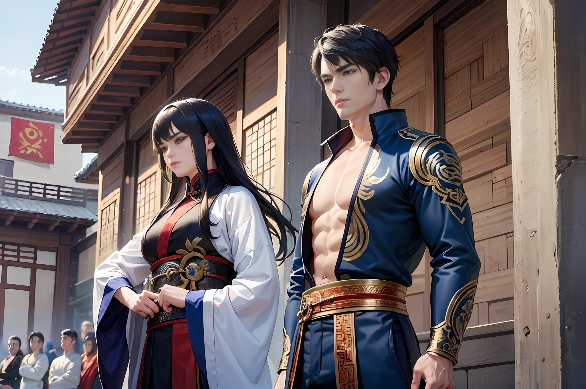 (Masterpiece, top quality, best quality, official art, beauty and aesthetics: 1.2) Outdoor, oversized, martial arts arena, gathering a lot of people, looking ahead at two 16-year-old boys, no conversation. Short black hair, closed mouth, serious, two boys standing side by side under the stage. One in blue clothes, one in purple, handsome, Chinese martial arts, Chinese fantasy, 8k, rich in details, artistic realistic, ultra-high-definition. A girl in green, standing behind two boys.