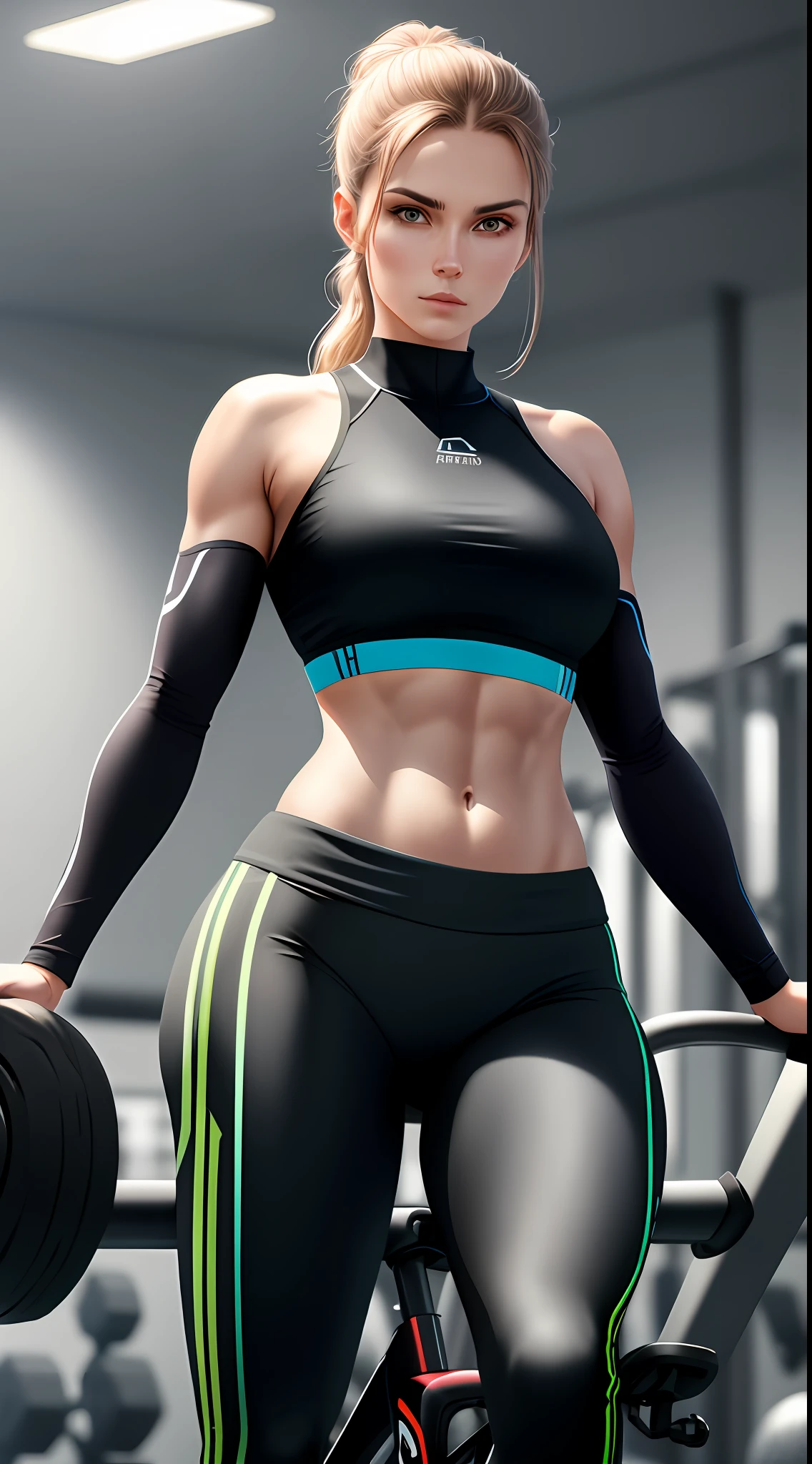 Standing woman wearing gym clothes sitting on argometric bike ,beautiful woman abidomem set,,in gym ,high realistic image,highly detailed,4k,high resolution